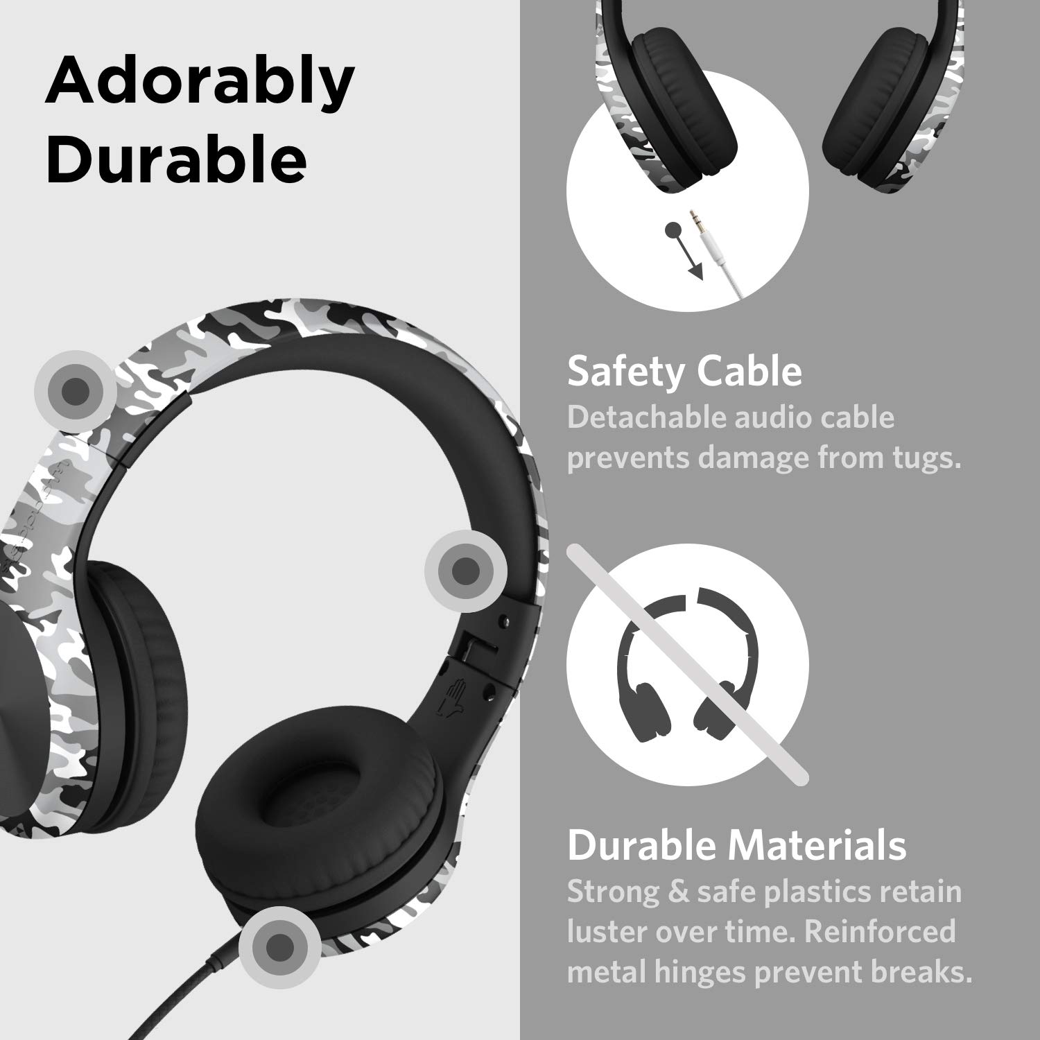 LilGadgets Connect+ Pro Wired Kids Headphones with Microphone - Volume Limiting, Noise Reducing Over-Ear Headset with SharePort Technology & SoftTouch Padding - Snow Camo Design for School, Travel & Home Use