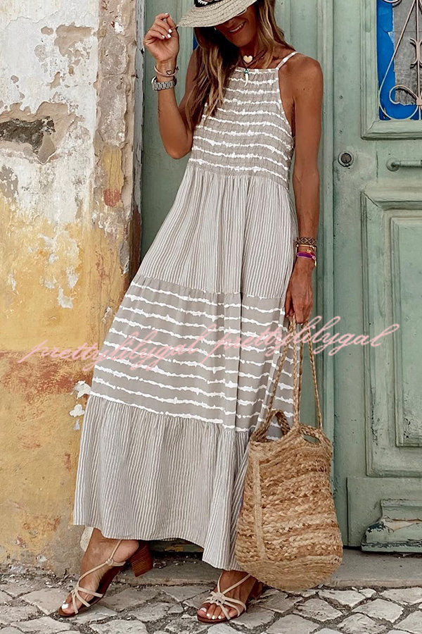 Summer Rise Striped Halter Neck A-Line Maxi Dress for Women | Beach Wedding Party Vacation Outfit | Flowy Long Dress with Side Slit