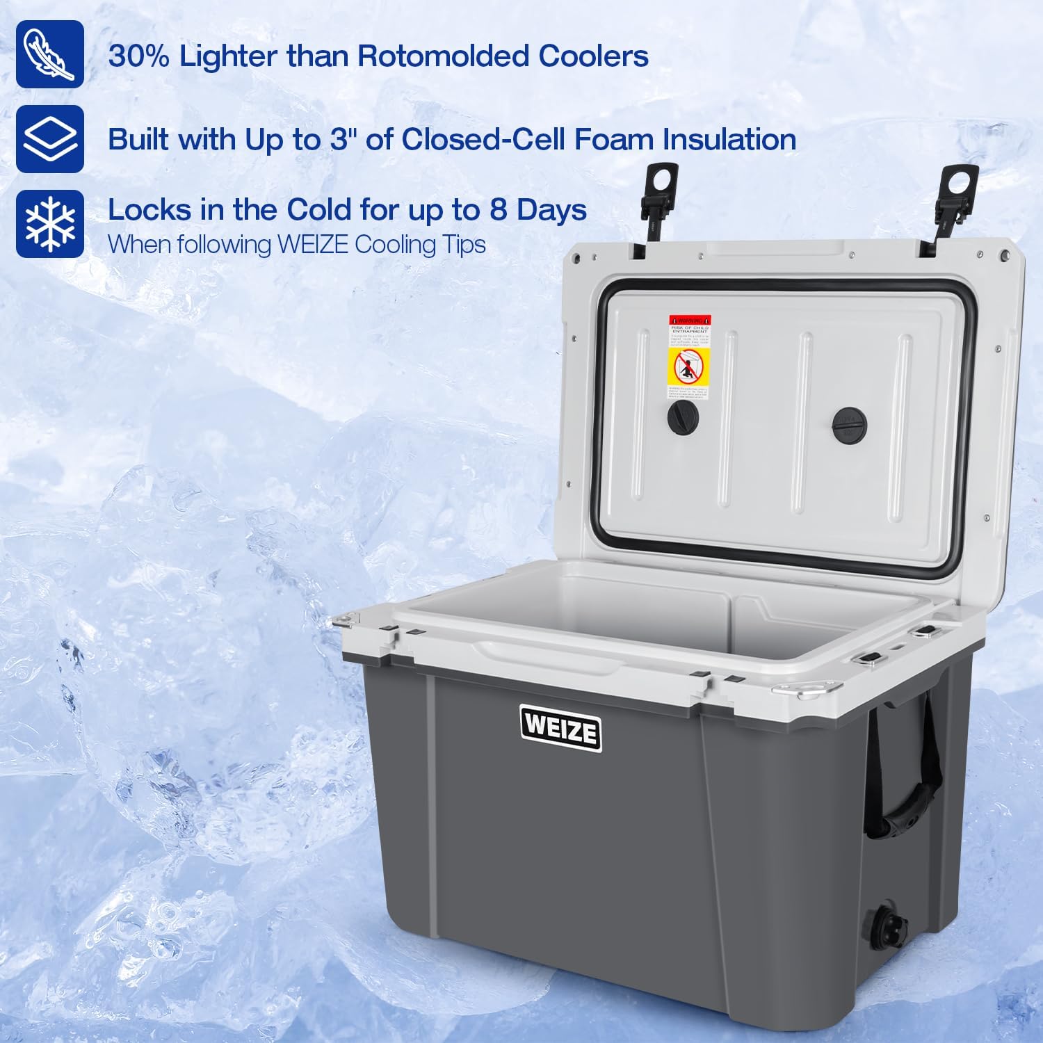 WEIZE 55 Quart Ultra Light Hard Cooler - Insulated Ice Chest Box with Bottle Opener, Keeps Ice Cold for 8 Days - Portable for Camping, Beach, Picnics & Outdoor Adventures (Grey)