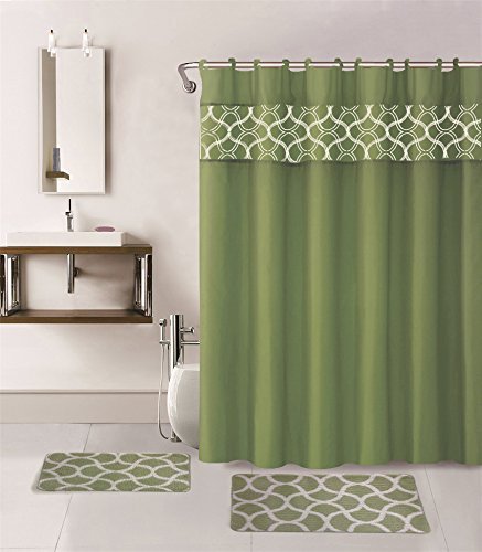 15-Piece Luxury Hotel Bathroom Set - 2 Non-Slip Bath Mats, Fabric Shower Curtain with 12 Hooks (Geometric Sage Green) | Soft & Absorbent Towels for Spa, Guest Bath & Master Suite