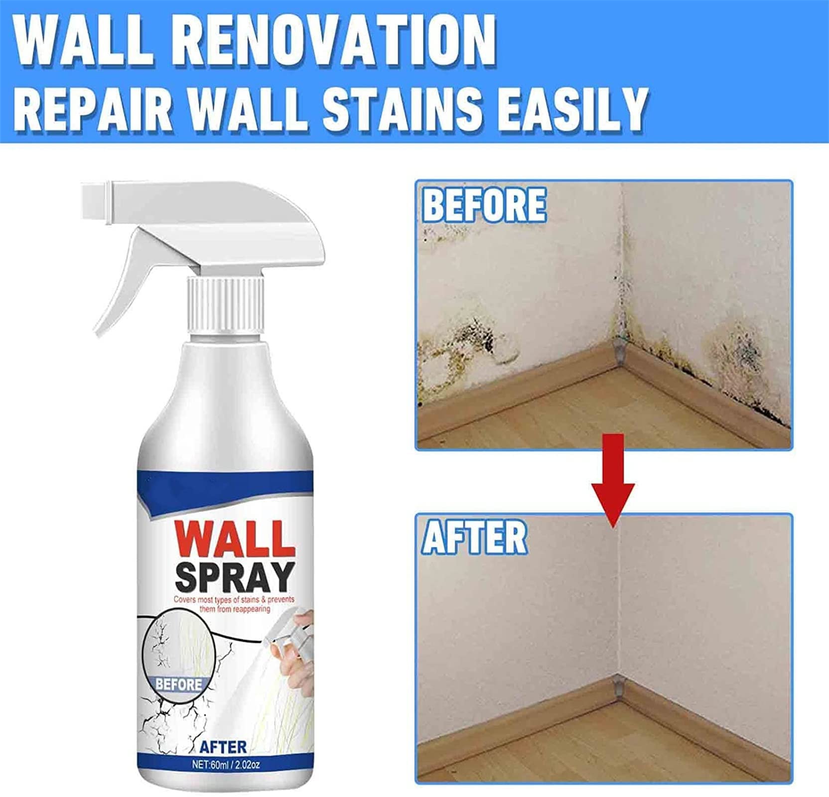 60ml Wall Repair Spray Paint - Water-Based White Peel & Stain Cover for Ceiling & Walls - Quick Fix for Cracks, Scratches & Stains - Perfect for Home, Office & DIY Projects
