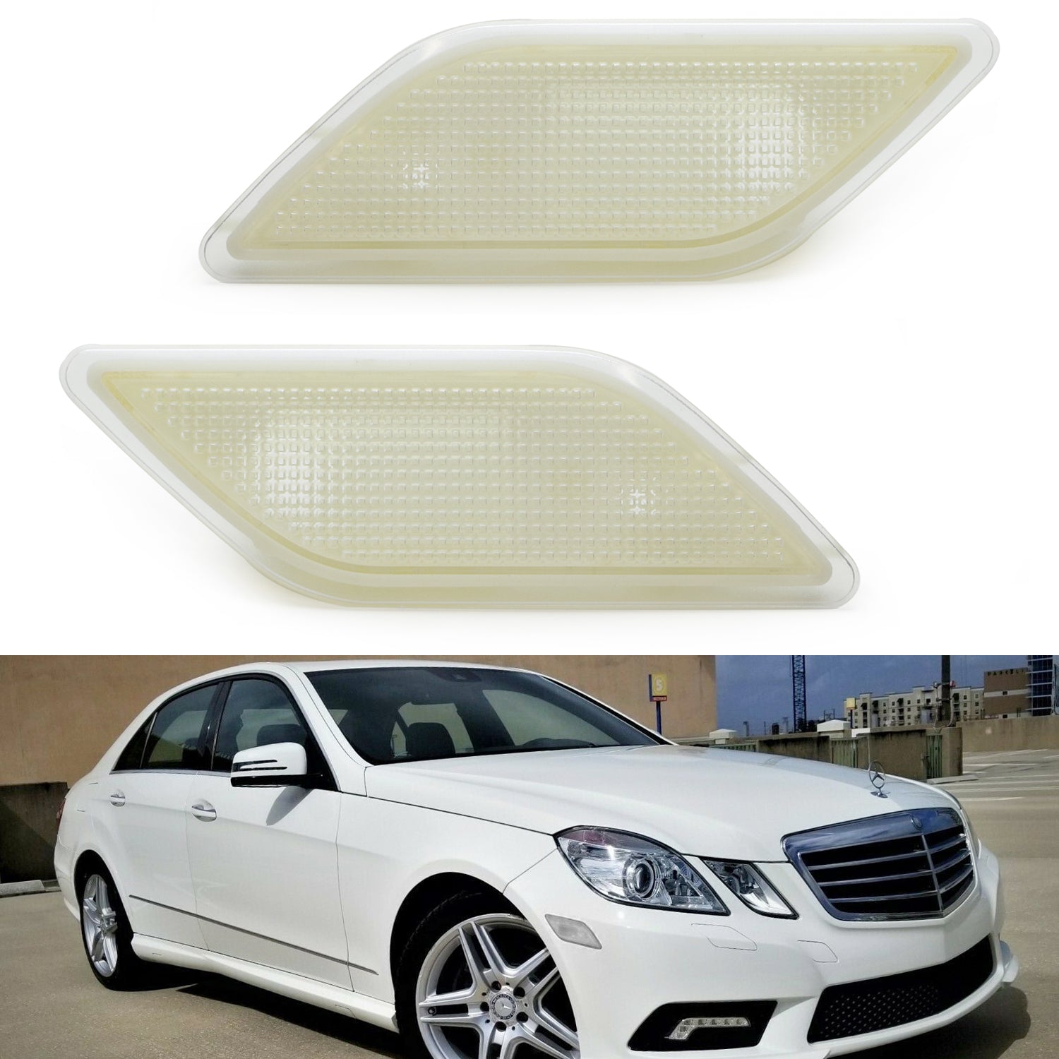 Clear Lens Front Side Marker Housings for 2010-2013 Mercedes W212 E-Class 4-Door Sedan - Replacement Amber Lights for Enhanced Visibility & Safety (Perfect for Night Driving & Custom Car Mods)