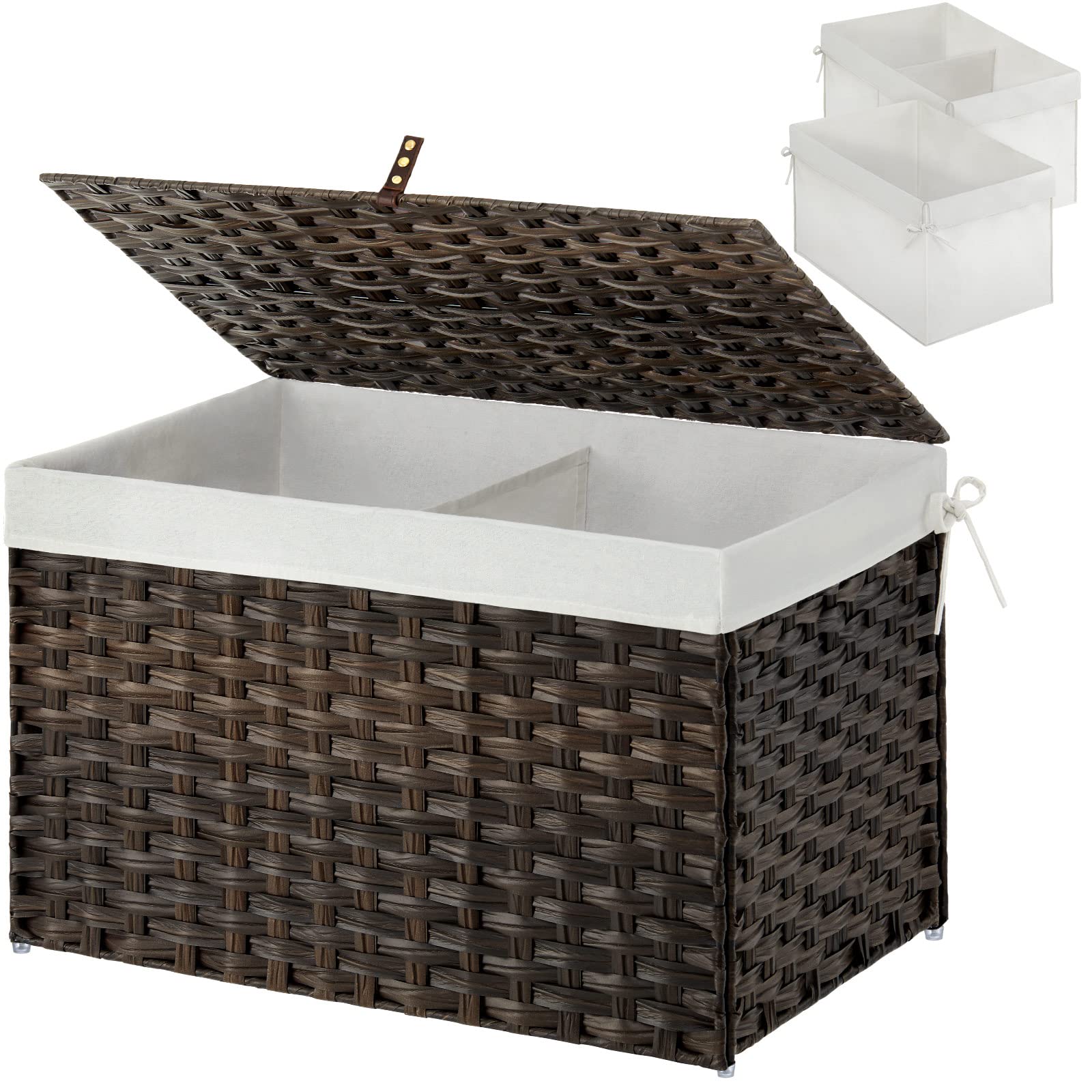 GREENSTELL 105L Large Wicker Storage Basket with Lid - Handwoven Blanket Organizer with Removable Cotton Liner & Metal Frame | Foldable for Bedroom, Laundry Room, Closet Organization | Brown Rattan Basket for Home Decor & Storage Solutions