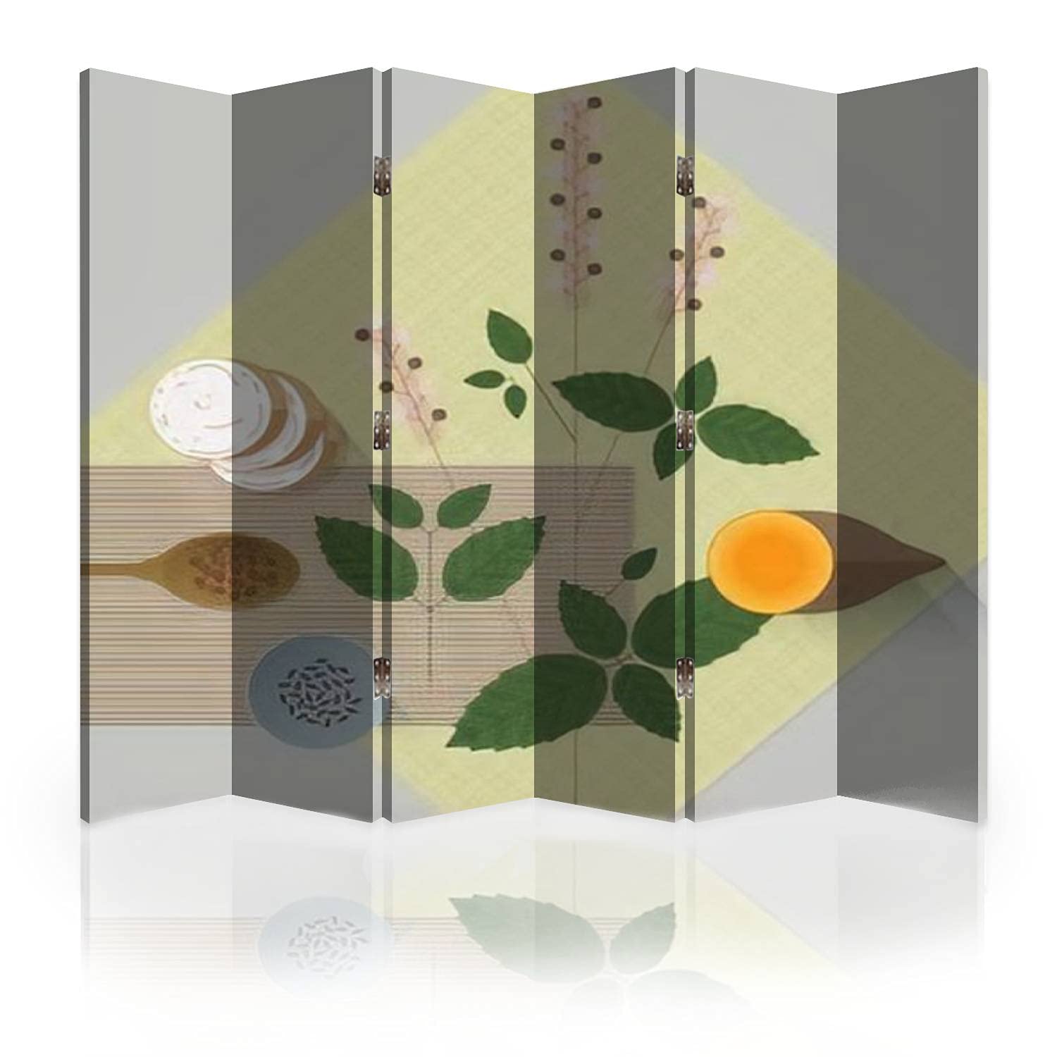 6-Panel Canvas Room Divider Screen with Grass Jelly Plant & Floral Foliage Design - Chinese Mesona Taiwanese Style Folding Privacy Partition for Bedroom, Office, and Living Space