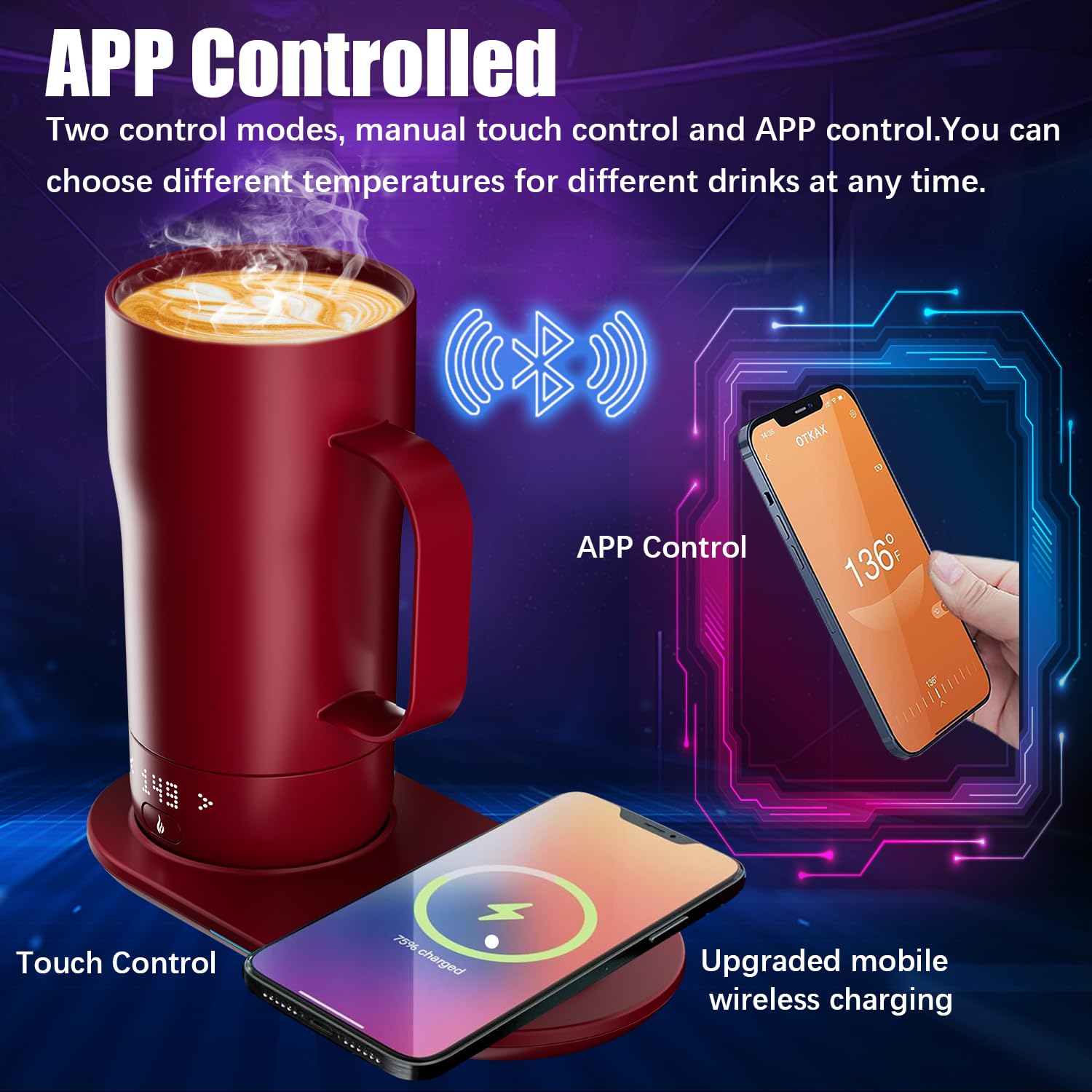 Smart Self Heating Coffee Mug 18 Oz - App Controlled Temperature Control Warmer Cup with LED Display & Fast Wireless Charger Base (5-10 Hours Heat Retention) - Perfect for Office, Travel, Commuting & Home Use - Rogue Red