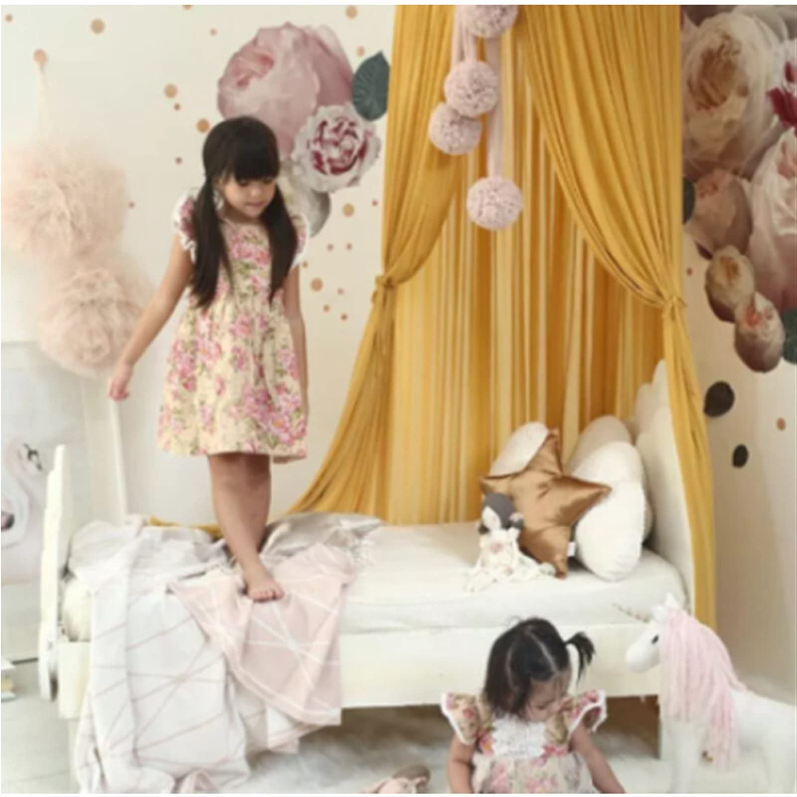 Nordic Style Princess Lace Bed Canopy for Kids - Round Dome Baby Bed Tent with Lace Curtains, Playhouse Decor for Nursery, Bedroom & Playroom (White) - Perfect for Birthday Gifts, Sleepovers & Imaginative Play