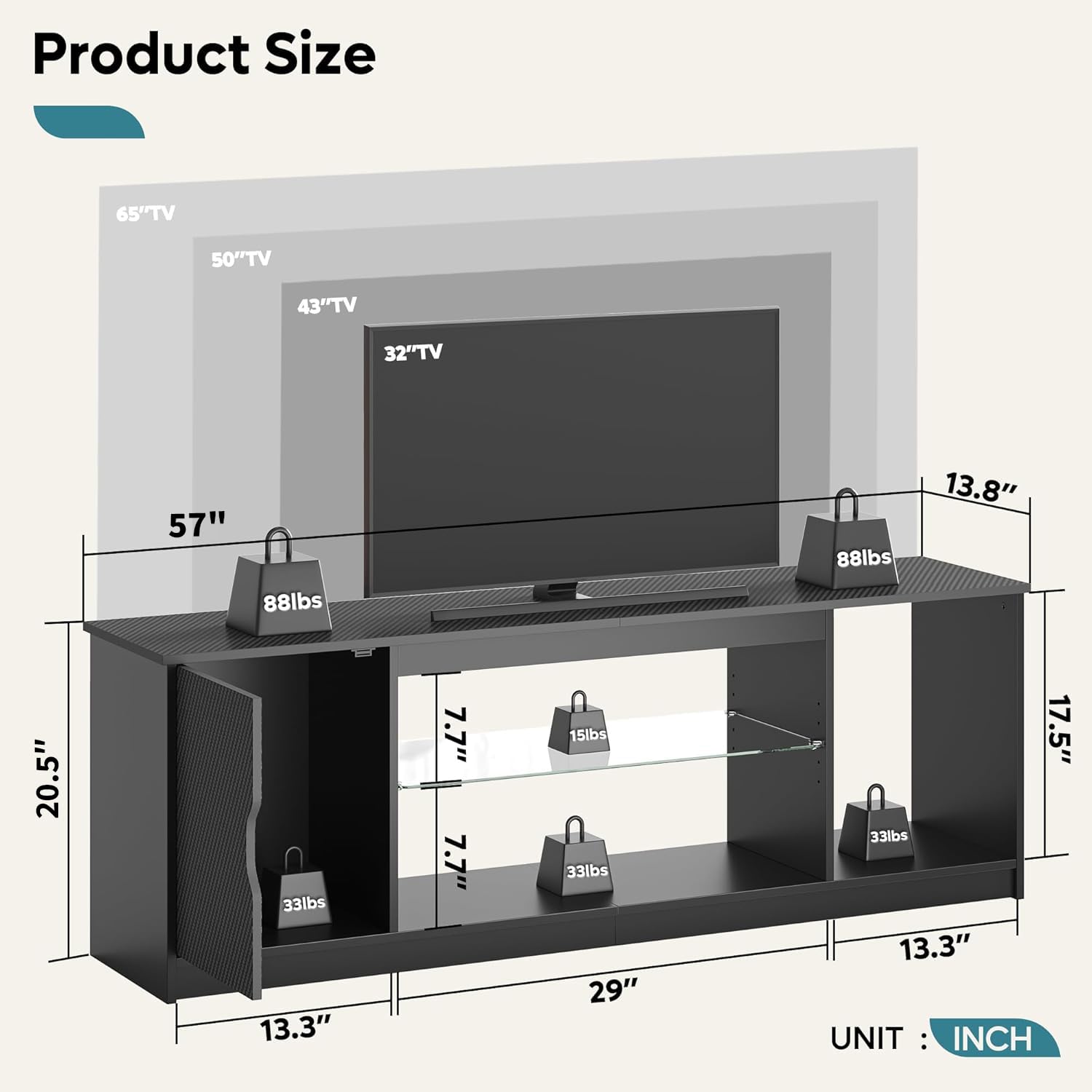 Bestier 57 Inch Modern LED TV Stand for 55/60/65 Inch TVs - Gaming Entertainment Center with Storage Cabinet for PS5, Xbox & Media Devices - Adjustable Glass Shelves TV Console for Living Room & Bedroom - Perfect for Home Theater Setup & Gaming Stations (Black)