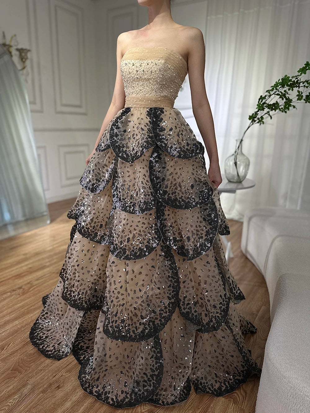 Elegant Black Sequin Evening Gowns with Tiered Ruffles - Dubai Luxury Formal Dresses for Women - Perfect for Weddings, Galas & Special Occasions