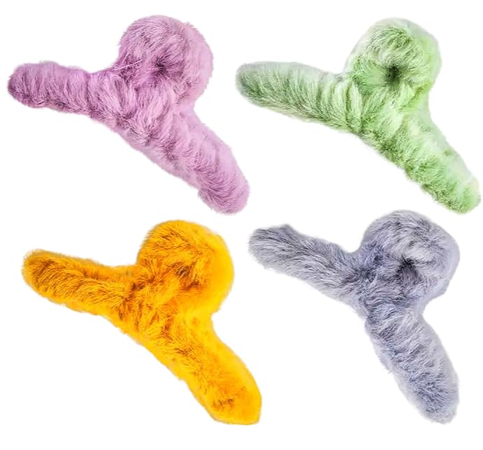 4PCS Korean Style Fluffy Plush Hair Claw Clips - Colorful Winter Hair Barrettes, Large Non-Slip Hair Clips with Super Grip for Women & Girls with Thick Long Hair | Perfect for Daily Use, Parties, Weddings & Gifts