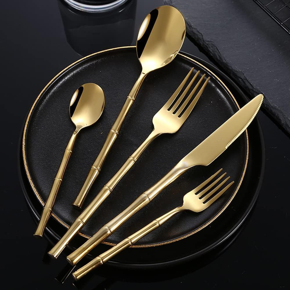 Premium 30-Piece Gold Silverware Set for 6 - 18/8 Stainless Steel Gold Flatware Set with Spoons, Forks & Knives - Elegant Gold Bamboo Cutlery for Home & Kitchen - Dishwasher Safe - Perfect for Dinner Parties, Weddings & Luxury Dining