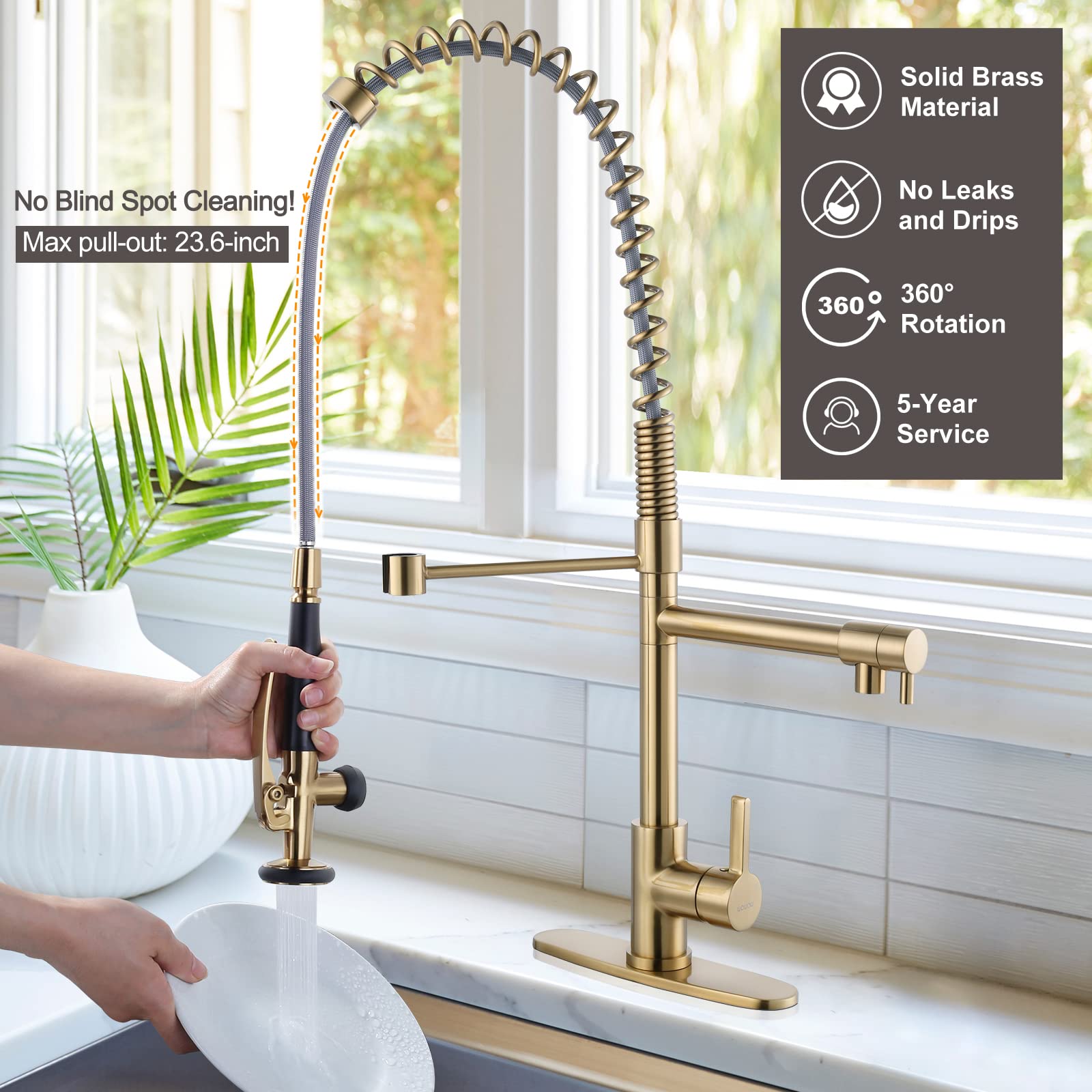 Commercial Grade Brushed Brass Kitchen Faucet with Pre-Rinse Sprayer - Heavy Duty Restaurant Sink Faucet for 1 or 3 Hole Installation (Includes Deck Plate) - Perfect for High-Traffic Kitchens, Outdoor Bars & Food Service Areas