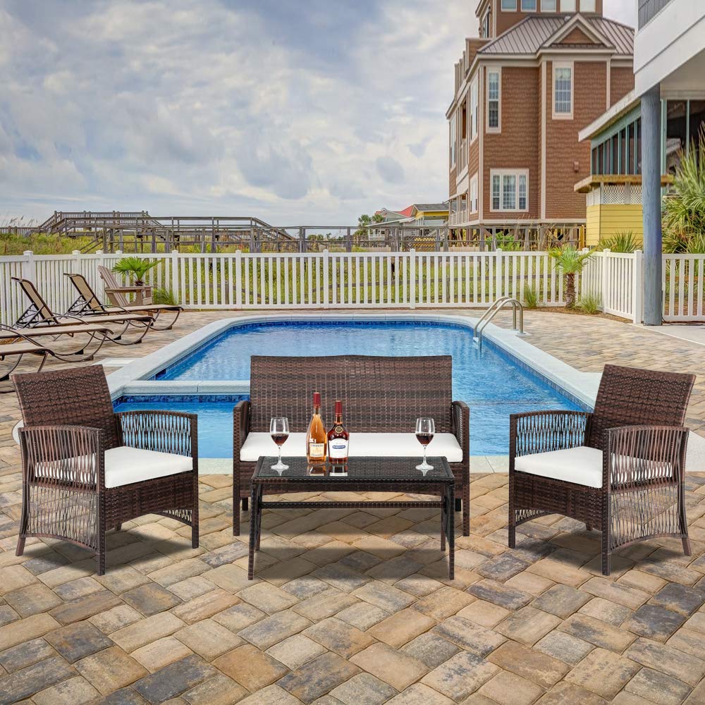 4-Piece Patio Furniture Set, Outdoor Rattan Sofa Set with Coffee Table & Soft Cushions, All-Weather Wicker Sectional with Tempered Glass Table for Poolside, Garden, Balcony or Backyard (Brown) - Perfect for Relaxing, Entertaining & Outdoor Dining