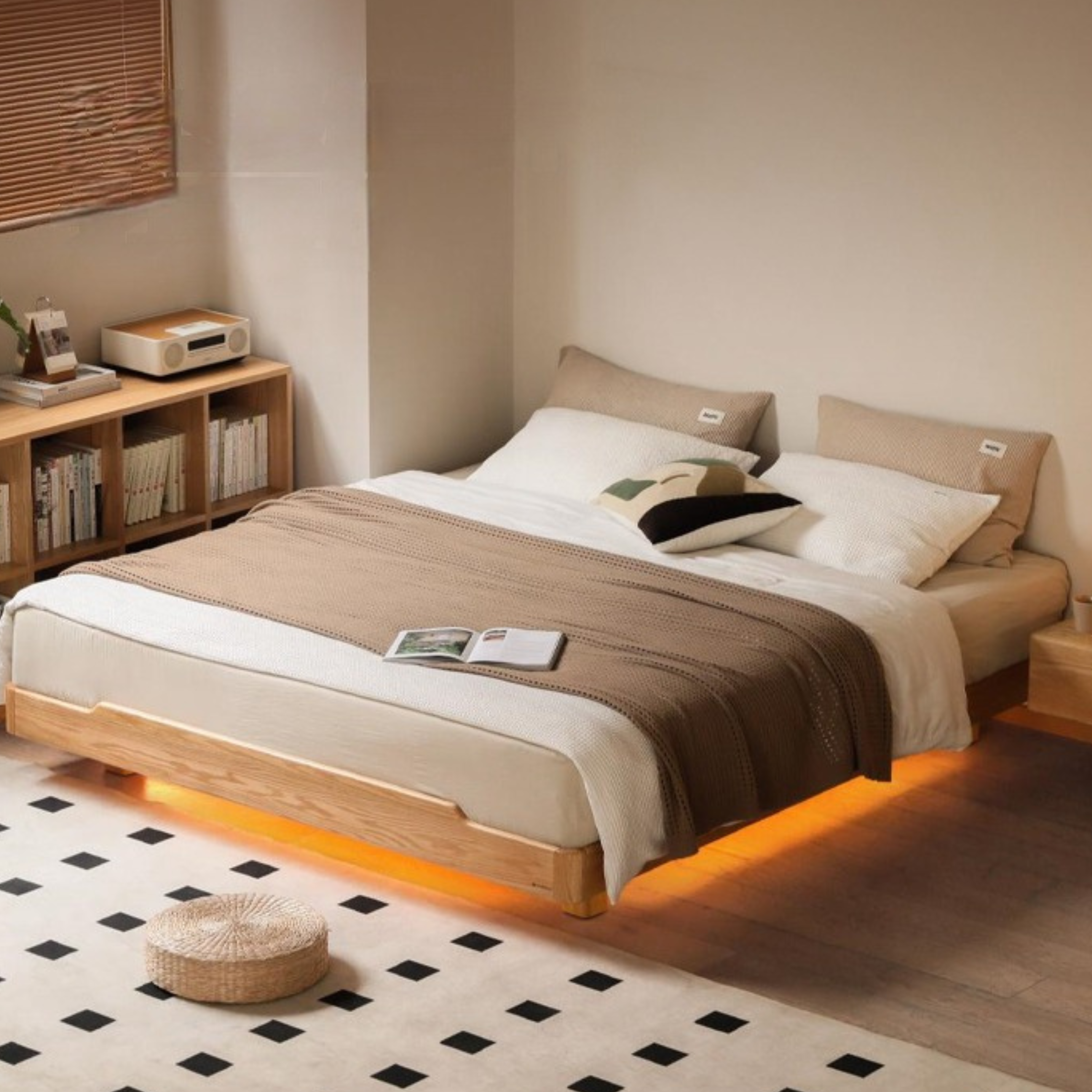 Solid Oak Wood Floating Platform Bed - No Headboard Modern Minimalist Bed Frame with LED Lights for Bedroom, Guest Room, or Studio Apartment
