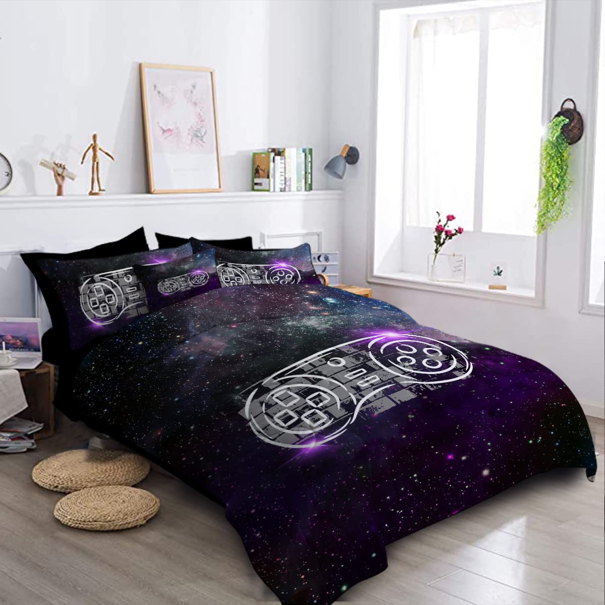 **BlessLiving Gamer Controller King Bedding Set for Boys - 8-Piece Outer Space Retro Video Game Comforter Set with Sheets, Purple Galaxy Theme | Perfect for Kids' Bedrooms, Gaming Rooms & Sleepovers**