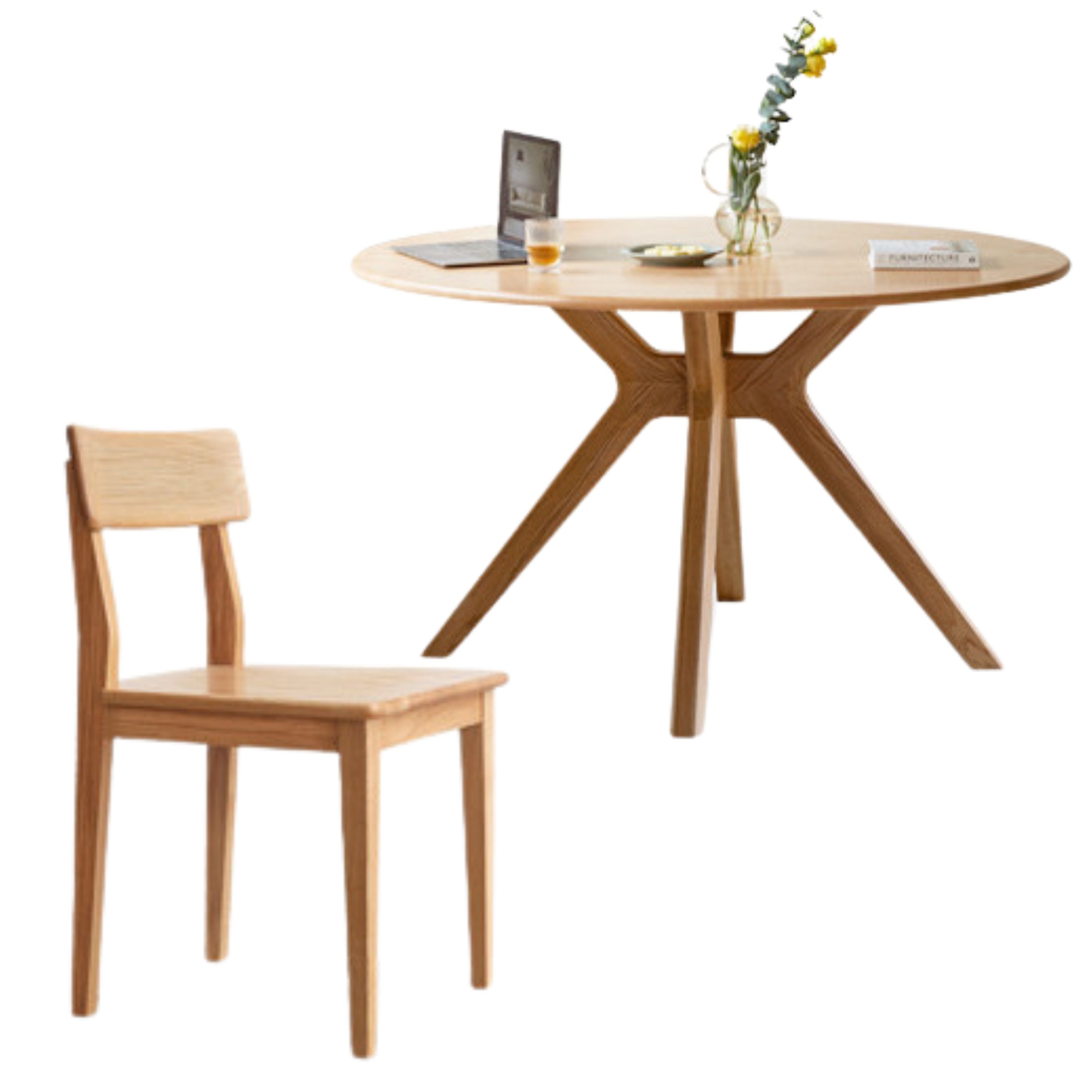 43.3x43.3x29.9 inch / 110x110x76 cm / Natural Wood Color / Dining table  + 4 chairs