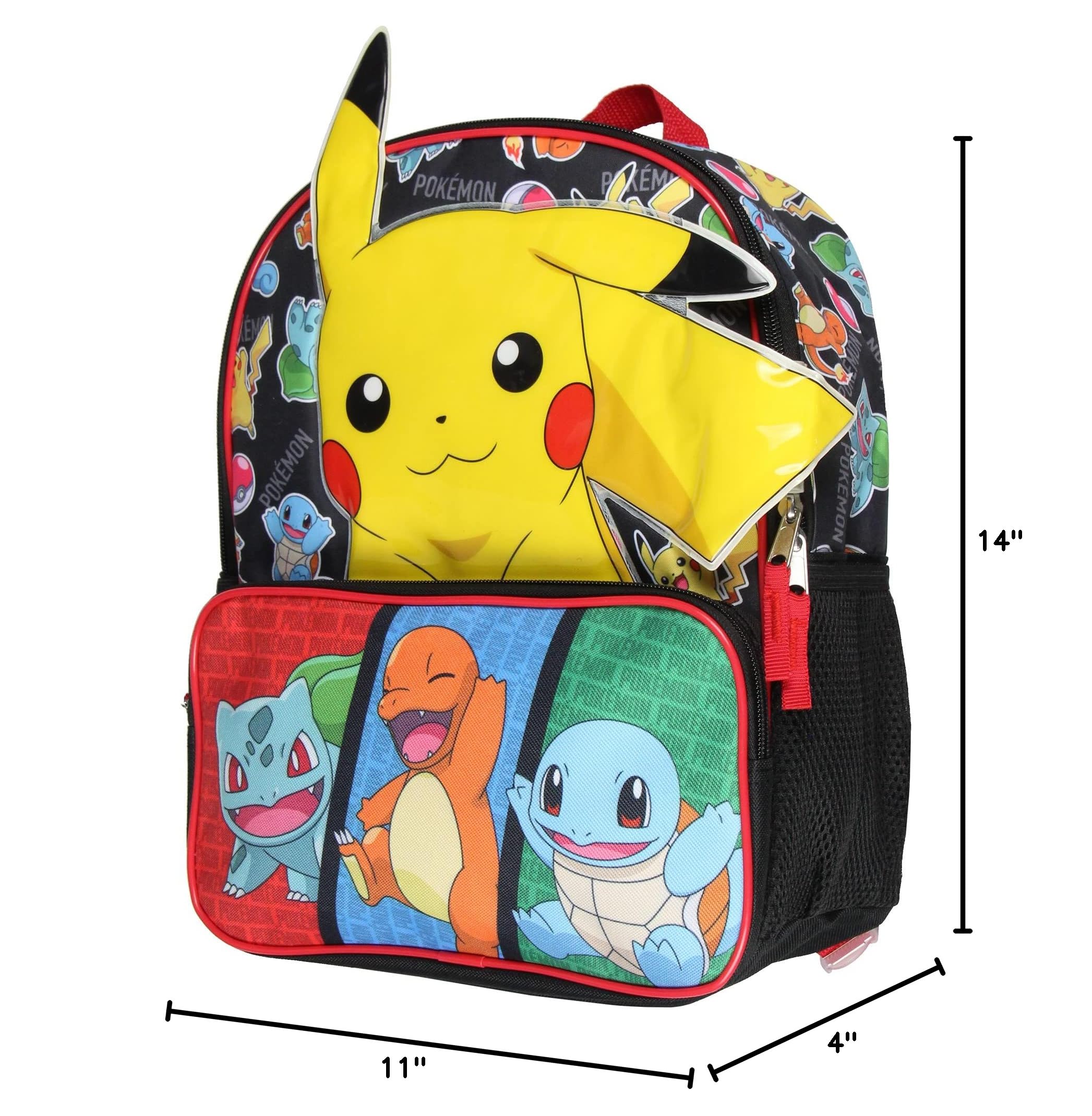 Pokemon 3D Character Backpack - Pikachu, Bulbasaur, Squirtle & Charmander 14 Inch Kids School Bag for Travel, Hiking & Daily Use