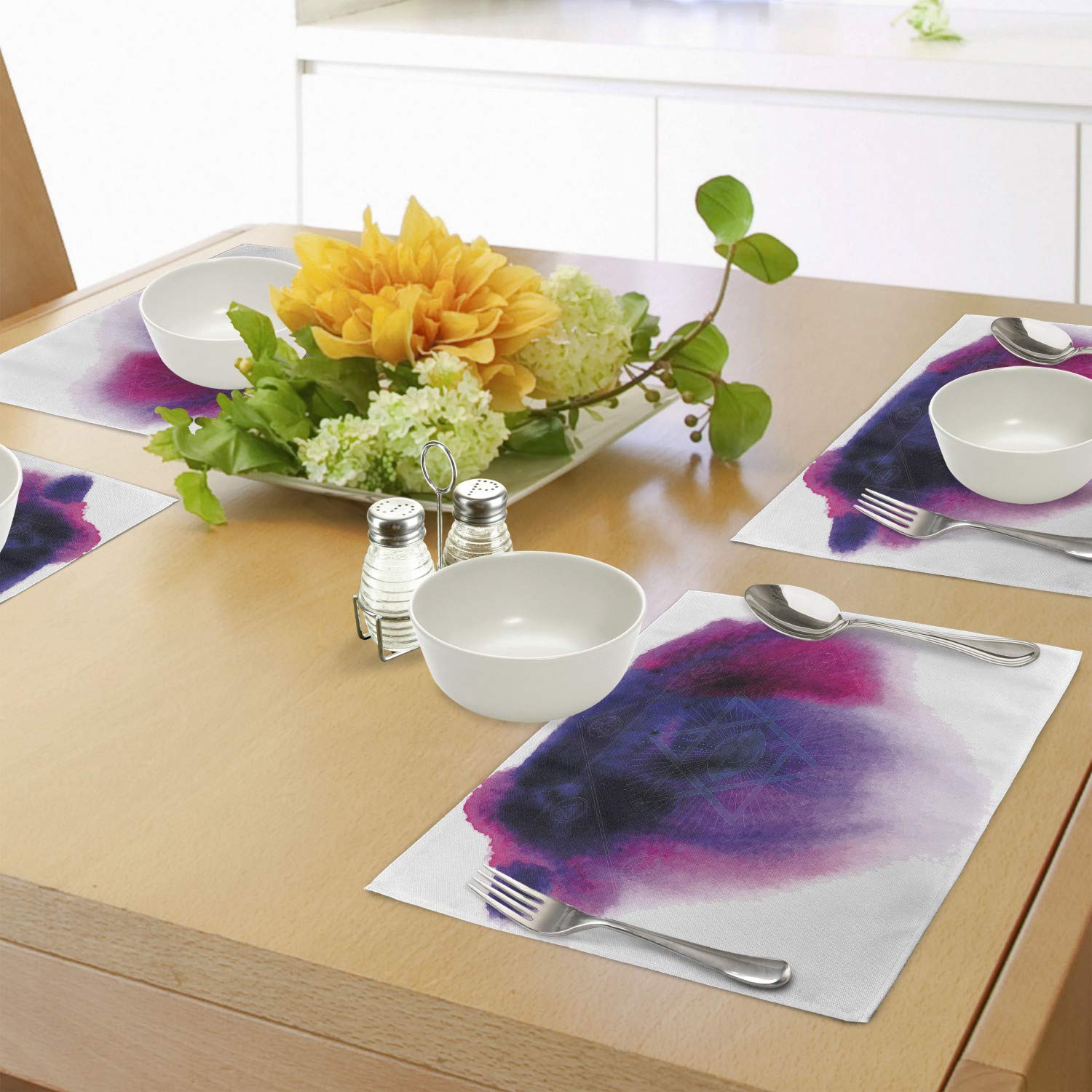 Ambesonne 4-Piece Astrology Placemats Set - Geometric Alchemy Eye Sun Star Mystic Signs Design - Washable Fabric Table Mats for Dining Room & Kitchen Decor in Navy Blue, Fuchsia & White - Perfect for Dinner Parties, Holiday Gatherings & Boho Home Decor