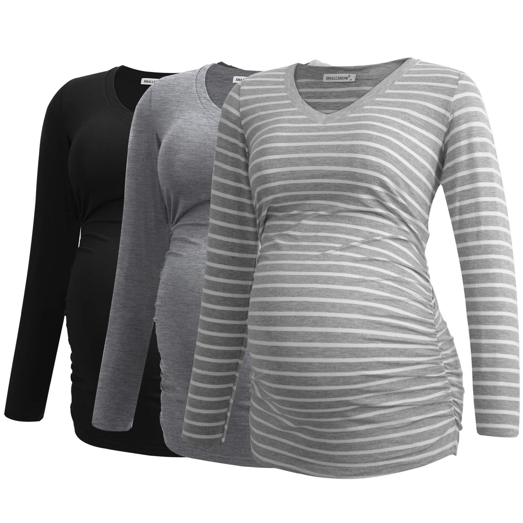 Smallshow Women's V-Neck Maternity Shirt - Soft Long Sleeve Ruched Pregnancy Top for Comfort & Style | Perfect for Work, Casual Wear & Maternity Photos