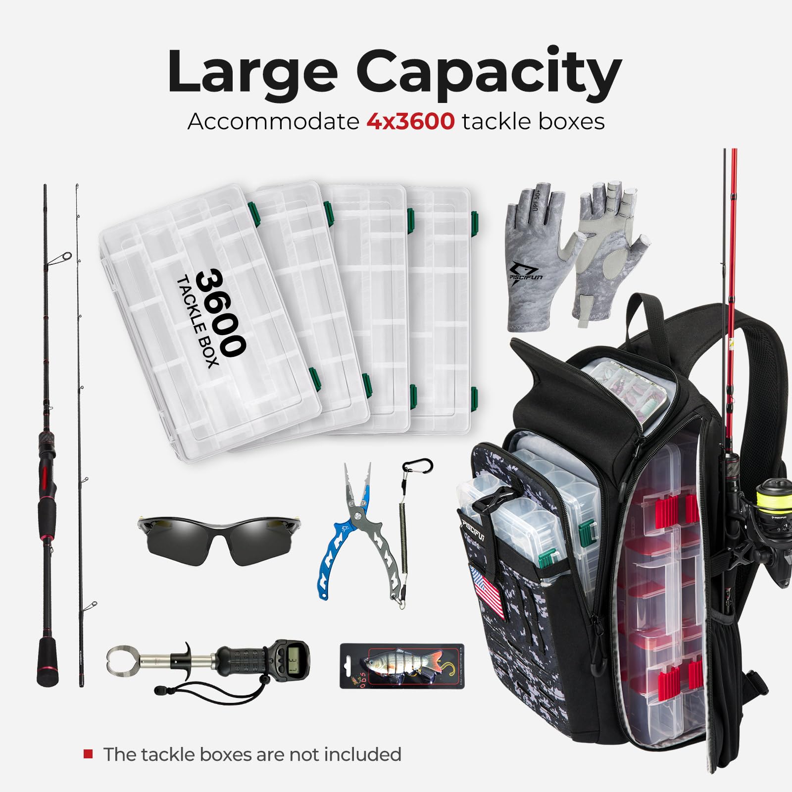 **Piscifun Fishing Sling Tackle Bag with Rod Holder & Gear Storage - Lightweight Waterproof Sling Pack with Rain Cover - Perfect for Outdoor Fishing, Hiking & Travel - Black & Camouflage**