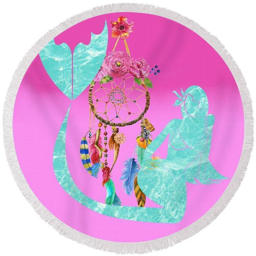 Mermaid Dreaming Round Beach Towel - Soft & Absorbent Quick-Dry Towel for Pool, Beach, Yoga, Picnic & Outdoor Activities
