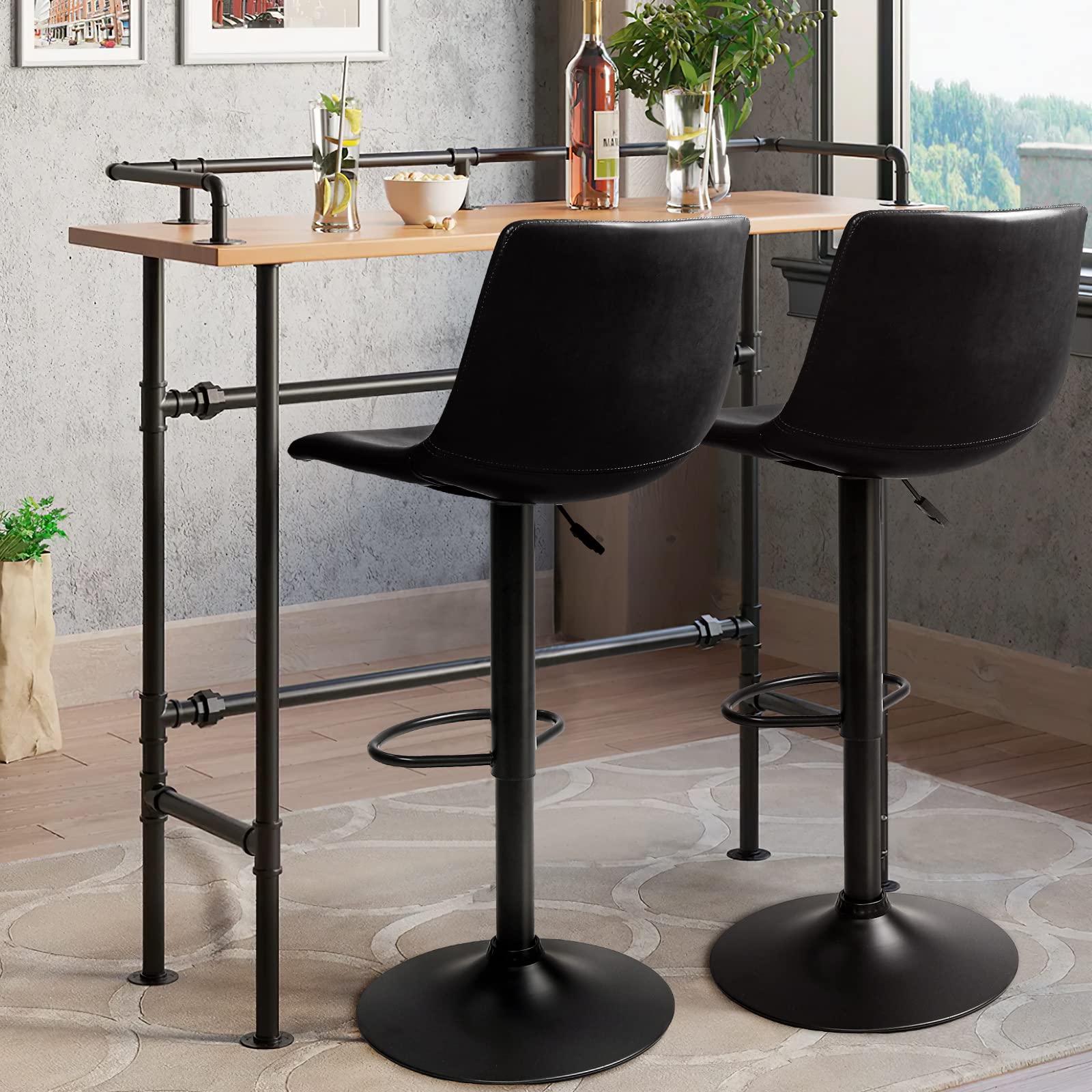 Waleaf Adjustable Swivel Bar Stools Set of 2 - 350 LBS Capacity PU Leather Counter Height Stools with Backrest & Footrest - Perfect for Kitchen Island, Home Bar, Dining Room & Pub Settings