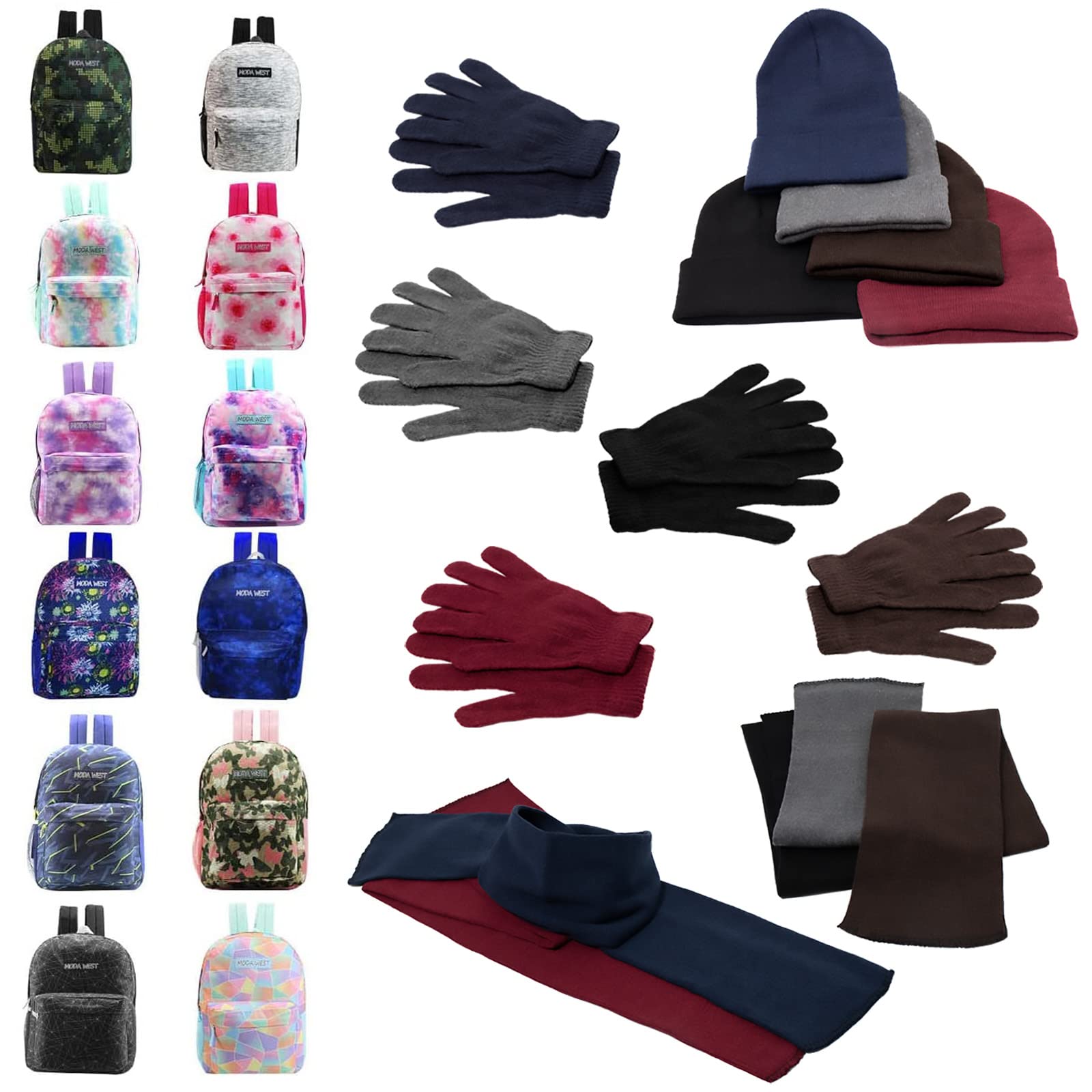 Wholesale Bulk Case of 12 Unisex Backpacks & 12 Winter Sets - Cold Weather Essentials for Emergency Kits, Homeless Shelters & Charity Donations - Perfect for Winter Survival, Outdoor Activities & Community Aid Programs
