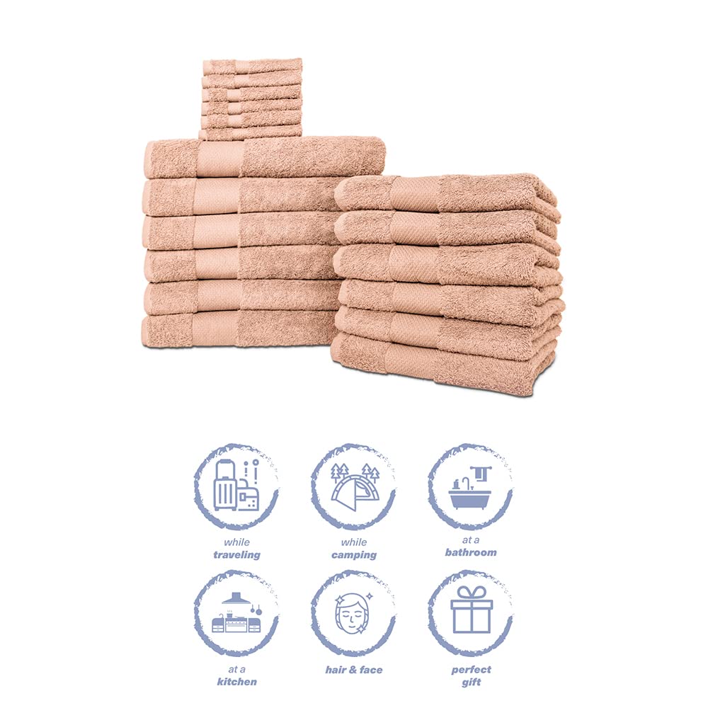 Premium 18-Piece Turkish Cotton Bath Towel Set - Ultra Absorbent & Quick Dry - 6 Bath Towels, 6 Hand Towels, 6 Washcloths - Luxury Hotel & Spa Quality - Perfect for Home, Gym, Beach & Guest Bathrooms - Dark Peach (18-Pack)