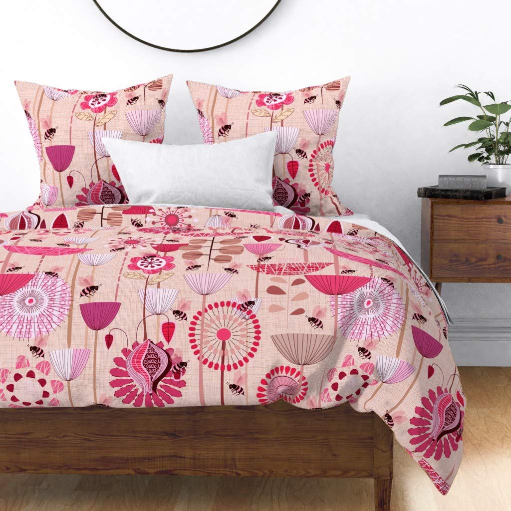 Premium Cotton Sateen Duvet Cover Full/Queen Size - Bees & Floral Print in White & Pink | Mid-Century Modern Geometric Design | Custom Nursery & Bedroom Decor | Perfect for Nature-Inspired Home Decor & Gift Giving