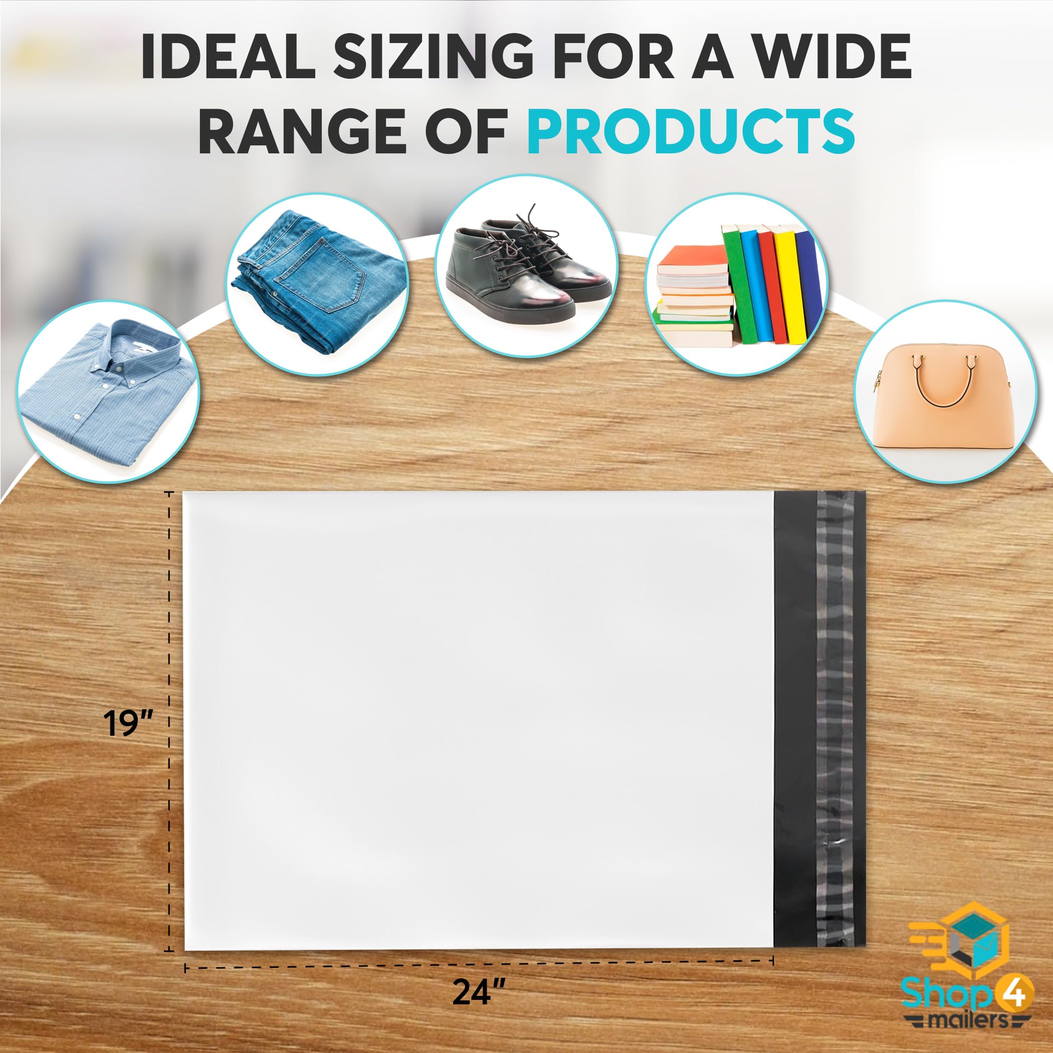 Shop4Mailers 19x24 Inch Glossy White Poly Mailer Envelopes - 1.7 Mil Thick Bulk Pack of 500 - Perfect for Ecommerce Shipping, Clothing Packaging & Mailing Documents