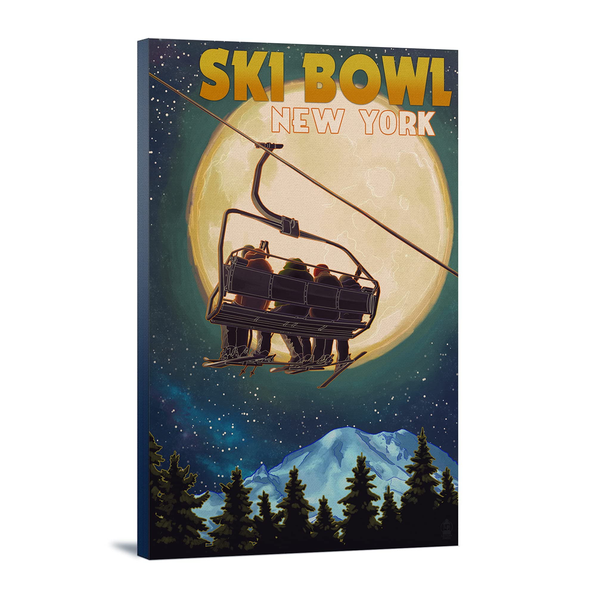 New York Ski Bowl with Ski Lift and Full Moon - 16x24 Wrapped Canvas Wall Art for Home & Office Decor | Mountain Landscape Painting for Living Room, Bedroom, or Ski Lodge