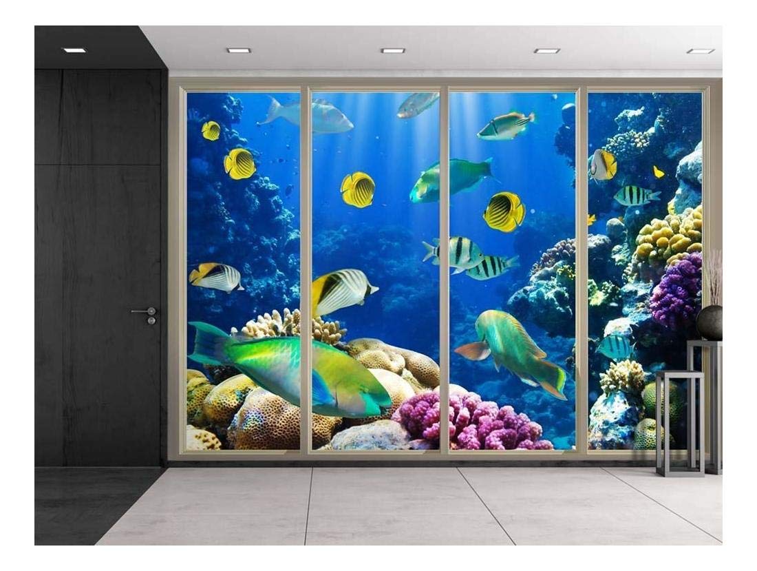 Colorful Striped Fish Swimming Over Coral Reefs Wall Mural - Peel and Stick Wallpaper for Home Decor - 100x144 inches - Perfect for Living Room, Bedroom, or Office Accent Wall