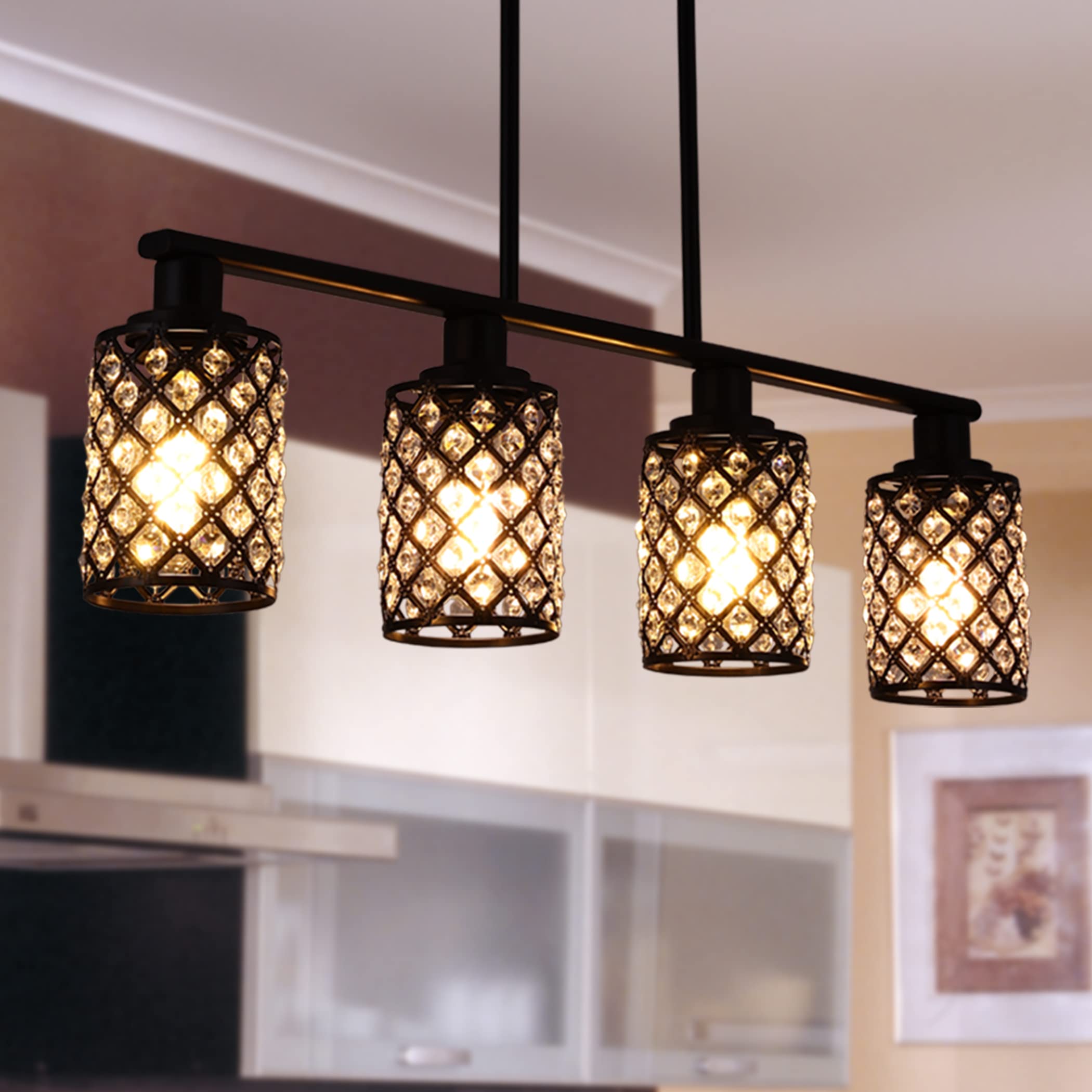 4-Light Black Linear Chandelier with K9 Crystal & Grid Shade - Modern Pendant Lighting for Kitchen Island, Dining Room Table | Perfect for Contemporary Home Decor & Open Concept Spaces