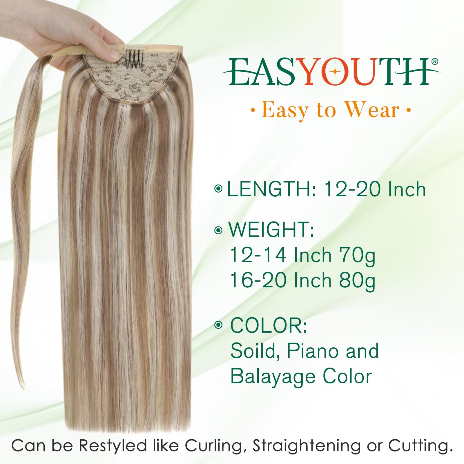 Easyouth 20Inch Human Hair Ponytail Extension - Ash Brown Highlights & Bleach Blonde, 80g Silky Wrap Around Pony Tail for Women | Perfect for Parties, Weddings & Daily Styling