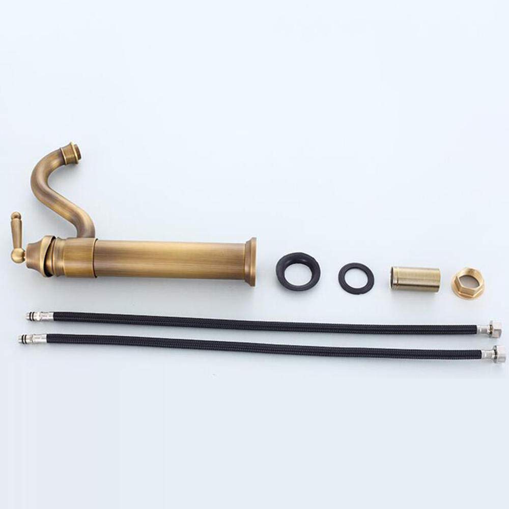Antique Brass Tall Bathroom Sink Faucet - Hot and Cold Water Basin Mixer Tap with Raised Spout for Countertop Washbasin - Perfect for Vintage Style Bathrooms and Powder Rooms