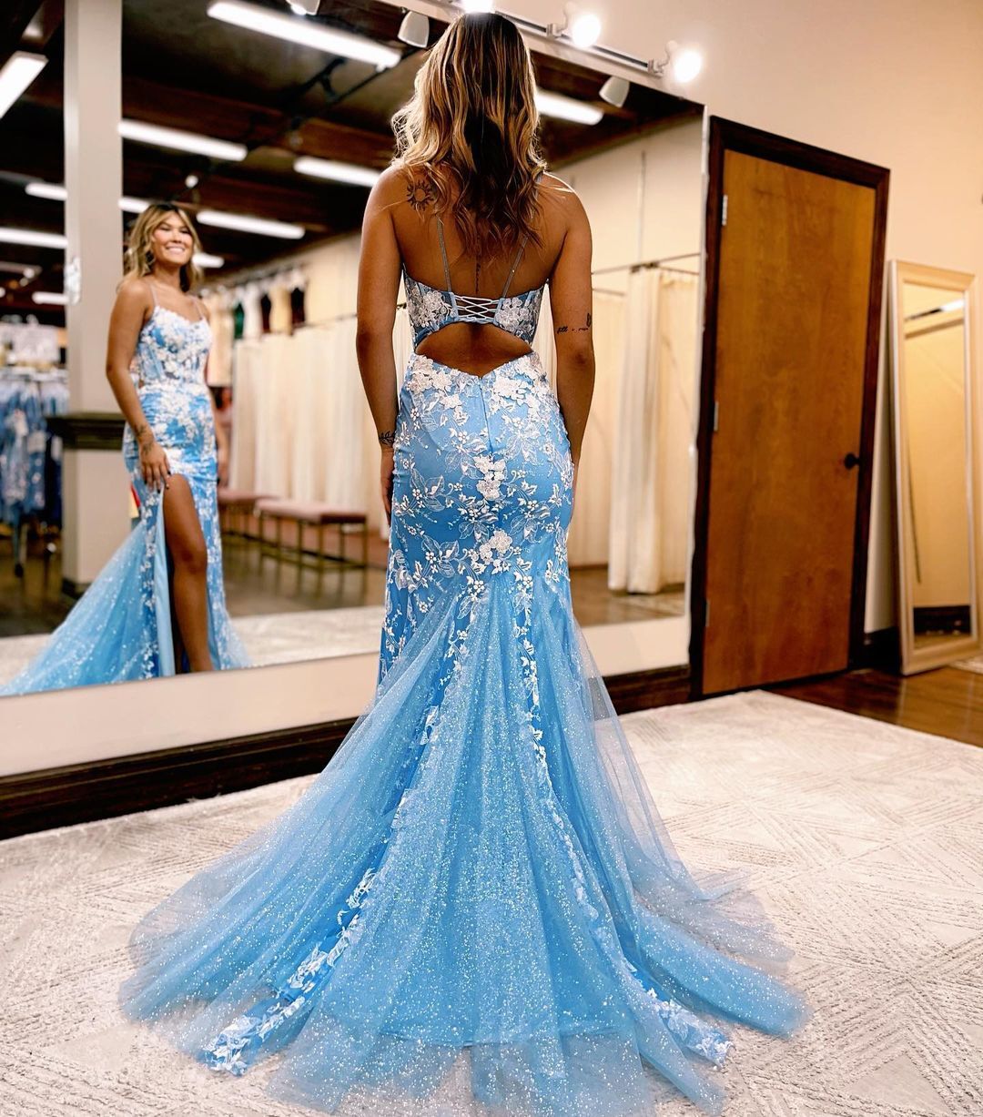 Elegant Blue Applique Lace Mermaid Prom Dress with High Slit - Formal Evening Gown for Homecoming, Quinceañera & Special Occasions (Style J3024)