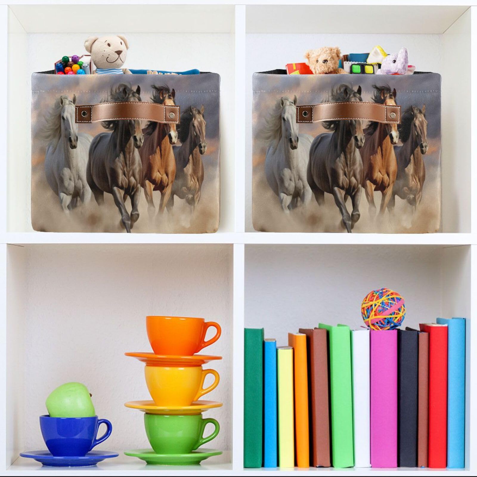 STAYTOP Large Collapsible Storage Basket - Waterproof Toy & Laundry Bin with Handle for Home, Office, Bedroom, Kids Room - Running Horse Design - Rectangle Shape (1 Pack) - Perfect for Organizing Toys, Clothes, and Gifts