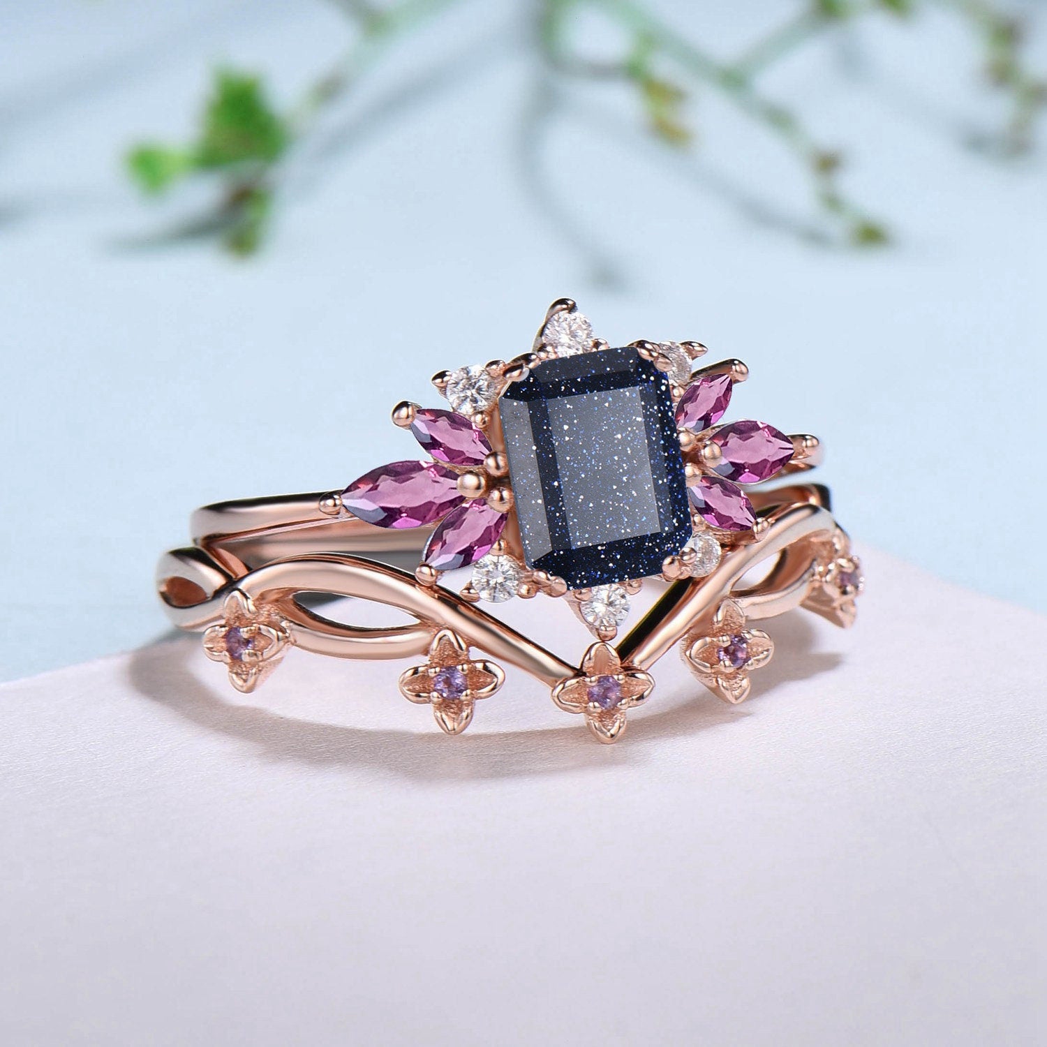 Emerald Cut Galaxy Blue Sandstone & Marquise Amethyst Wedding Ring Set for Women - Unique Branch Bridal Jewelry Set, Personalized Engagement Gift for Her - Perfect for Proposals, Anniversaries & Special Occasions