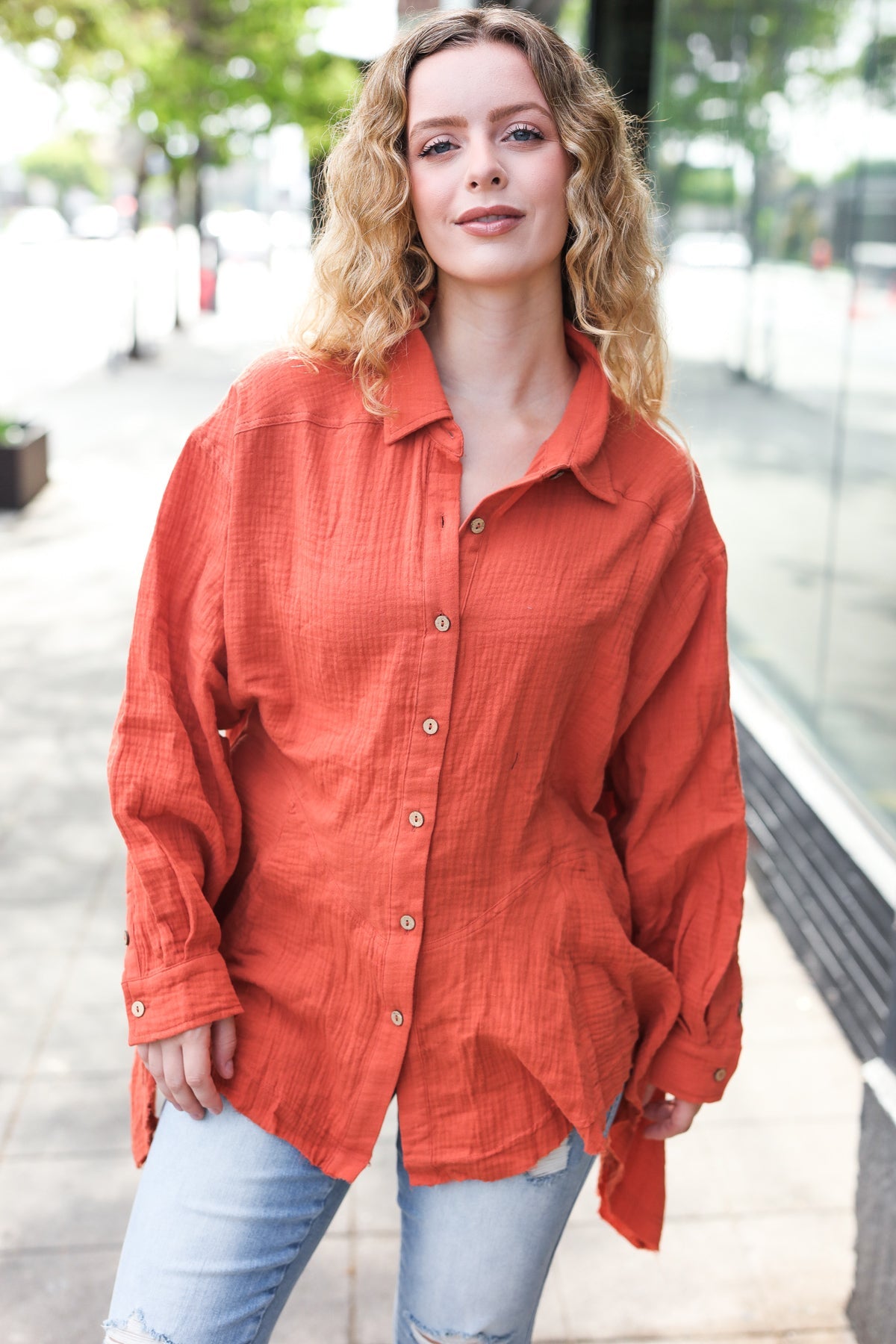 Stylish Rust Button Down Sharkbite Cotton Tunic Top for Women | Comfortable Everyday Wear | Perfect for Office, Casual Outings & Date Nights