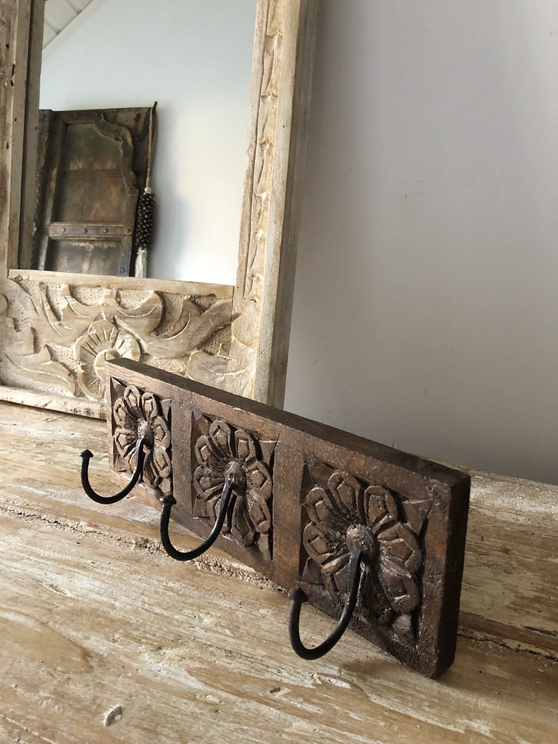 Hand Carved Floral Indian Wooden Wall Coat Rack with 3 Hooks - Perfect for Entryway, Bedroom, or Hallway Organization