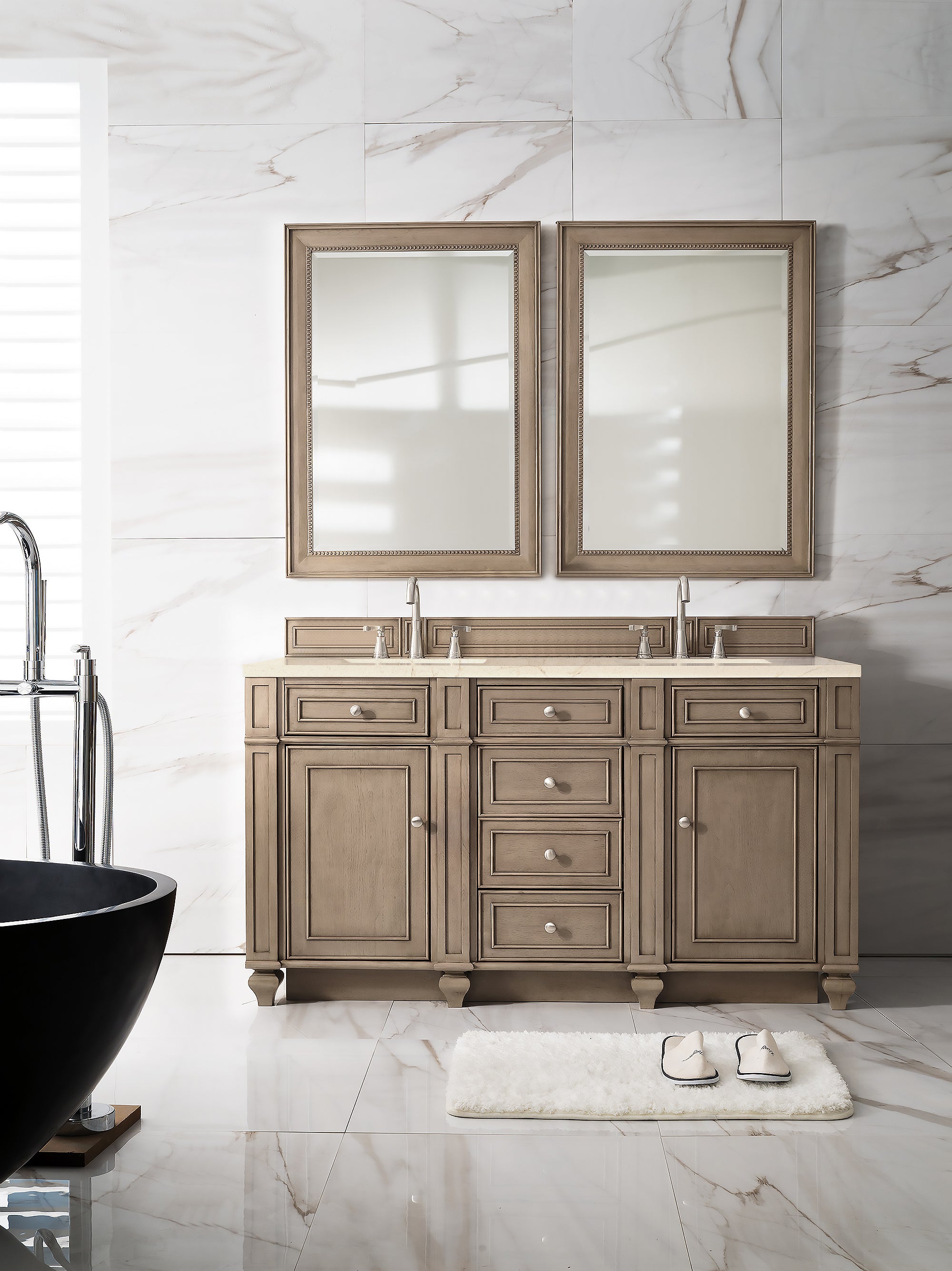 Bristol 60 Inch Double Bathroom Vanity Set with Whitewashed Walnut Finish & 3CM Eternal Marfil Quartz Countertop - Perfect for Modern Master Bathrooms and Guest Suites
