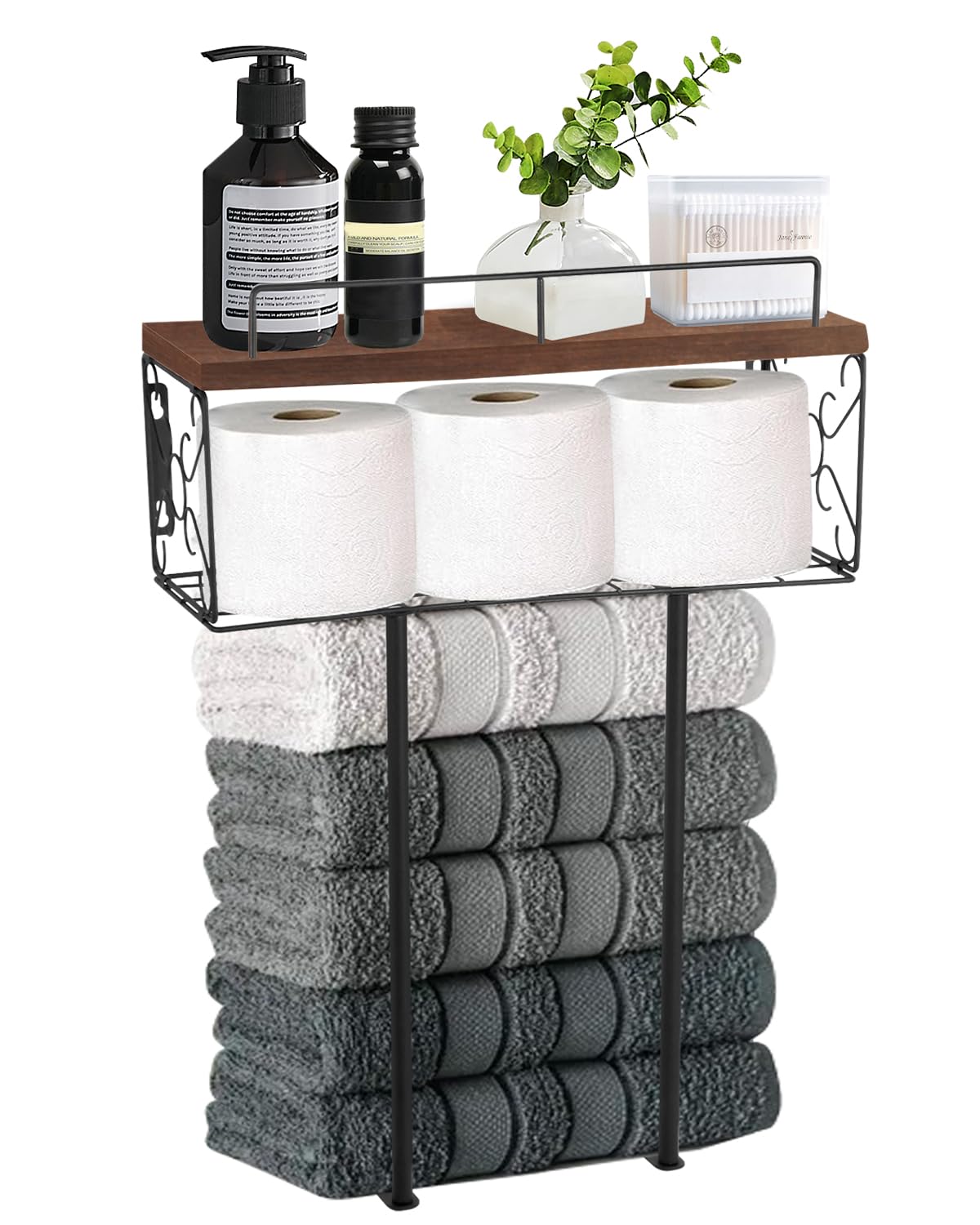 Rustic Wooden Towel Rack for Bathroom - Wall Mounted Towel Holder with Natural Wood Shelf & Wire Basket - Space Saving Storage for 4 Rolled Towels - Perfect for Small Bathrooms, Farmhouse Decor & Organized Home (Multiple Storage, Floating Shelves)