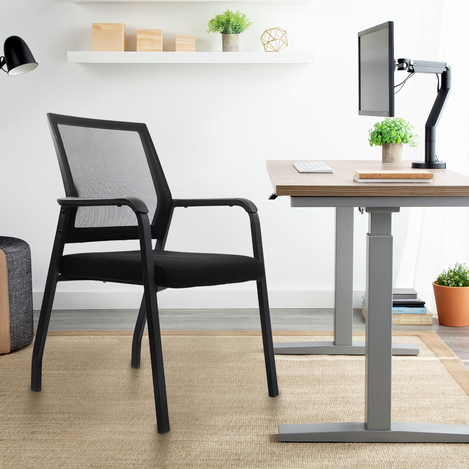 Ergonomic Arm Chair with Lumbar Support - No Wheels Desk Chair with Thickened Seat Cushion - 4 Pack Black Waiting Room Chairs for Office, School, Church & Guest Reception - Perfect for Conference Rooms, Home Offices, and Waiting Areas