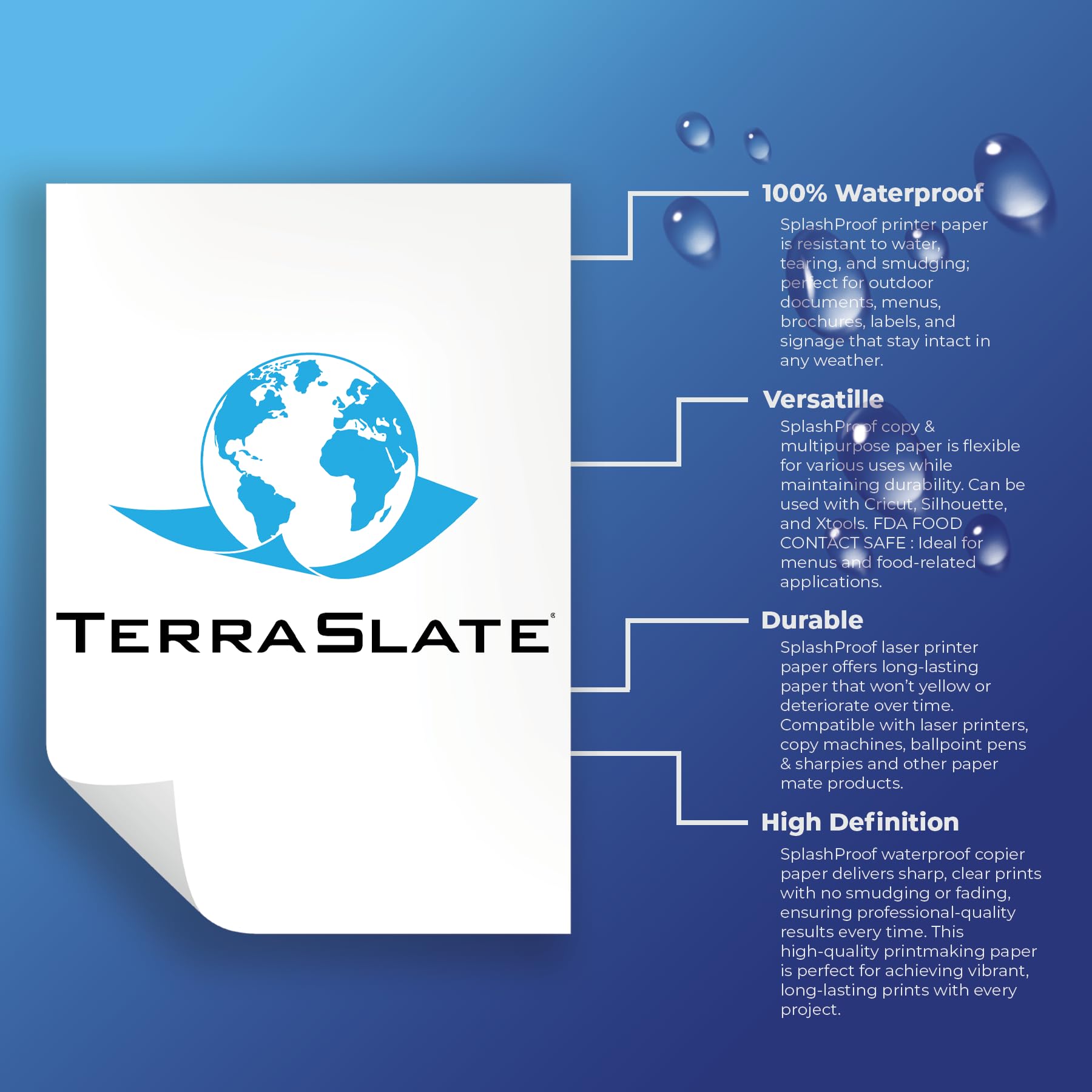 **TerraSlate Waterproof Laser Printer Paper - 8.5x11 Inches, 5 Mil Thick, 500 Sheets - Rain & Weatherproof for Outdoor Signs, Menus, Maps & More**