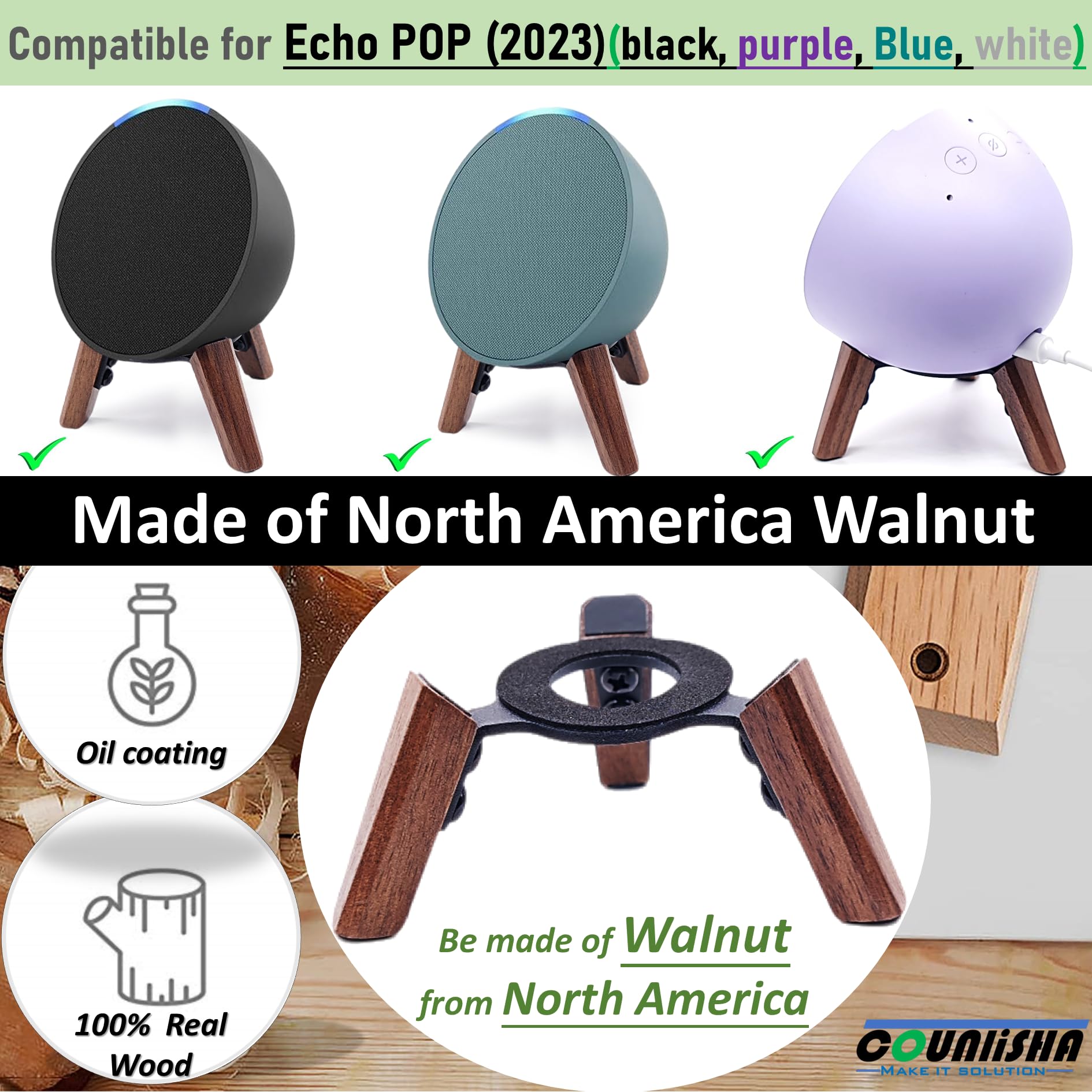 Premium Walnut Wood Stand for Echo Pop Speaker (2023 Model) - Tripod Accessories Holder for Enhanced Audio Quality | Secure & Sturdy Table Mount for Alexa Pop | Perfect for Home, Office & Kitchen Use