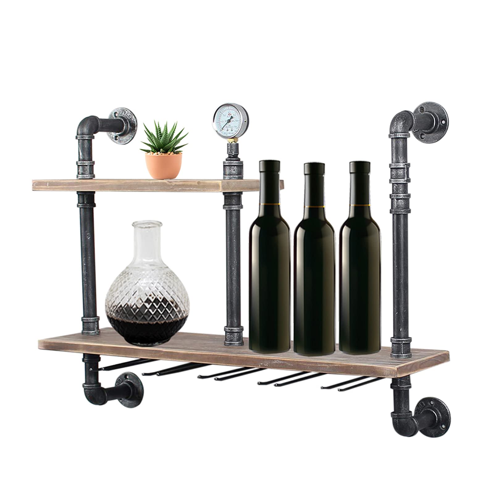 2-Tier Wood Floating Shelves with Industrial Pipe Design - Wall Mounted Wine Rack for Kitchen, Living Room & Home Decor - Perfect for Displaying Wine Bottles, Spices & Decorative Items