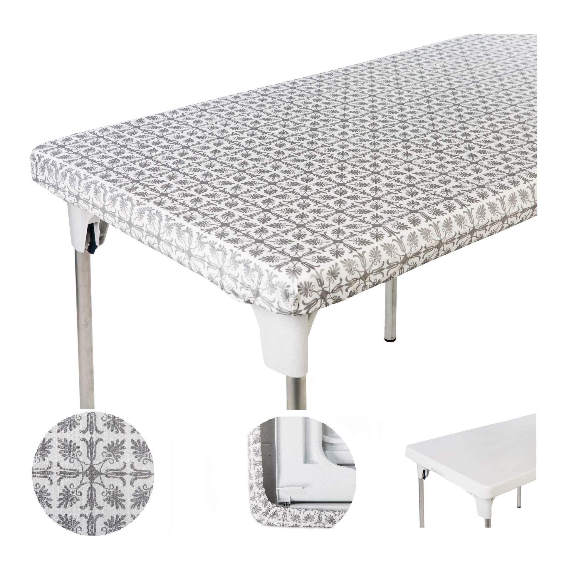Silver Patterned 34x34 Inch Christmas Plastic Tablecloth - Elastic Corner Fitted Vinyl Table Cover for Folding Card Tables, Picnic, Birthday Party, Camping, Garden Banquet, Indoor & Outdoor Use