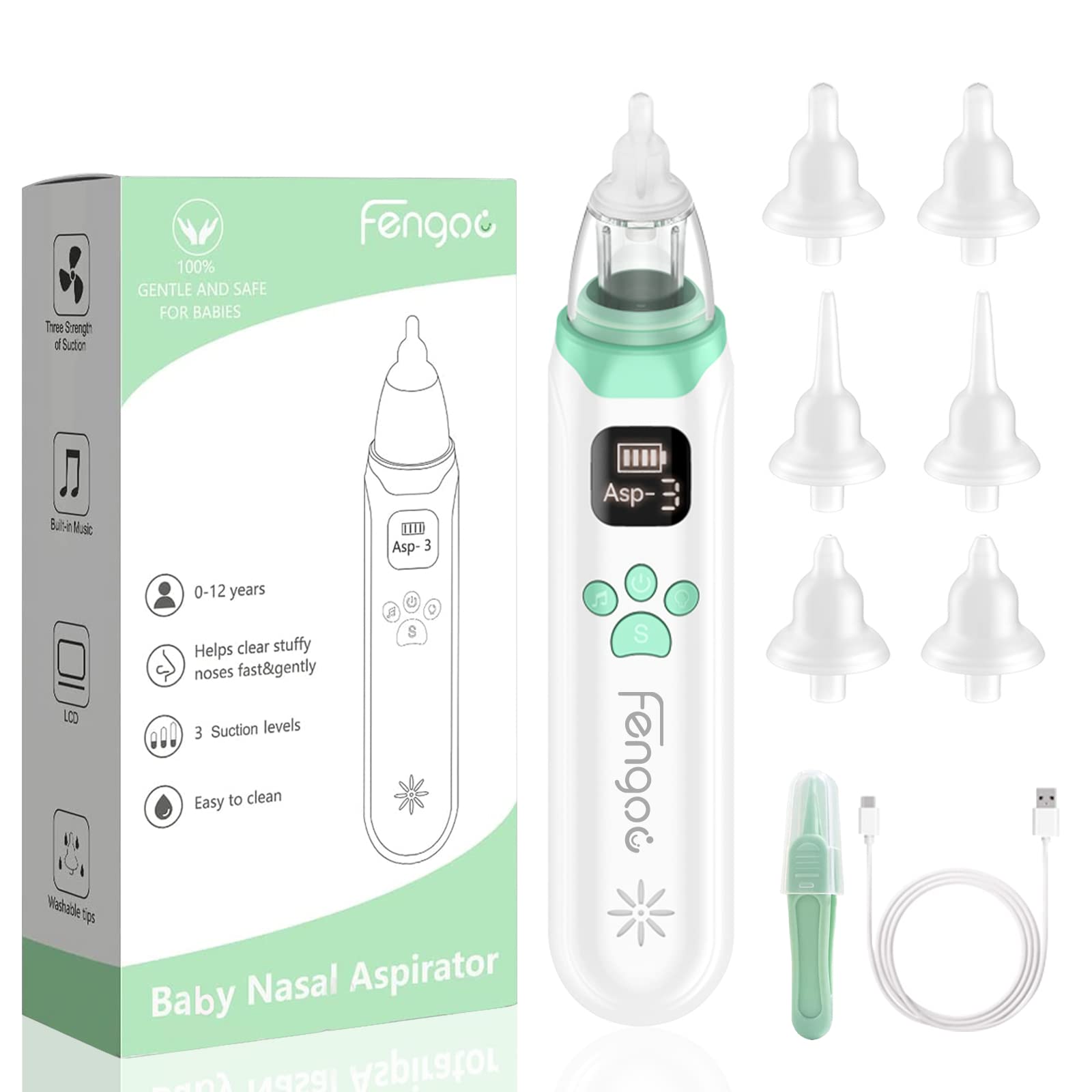 Fengoo Electric Baby Nasal Aspirator - Safe Battery Operated Nose Sucker with Soothing Music & Night Light | Quick & Hygienic Newborn Nasal Cleaner for Congestion Relief | Perfect for Nighttime & Travel Use