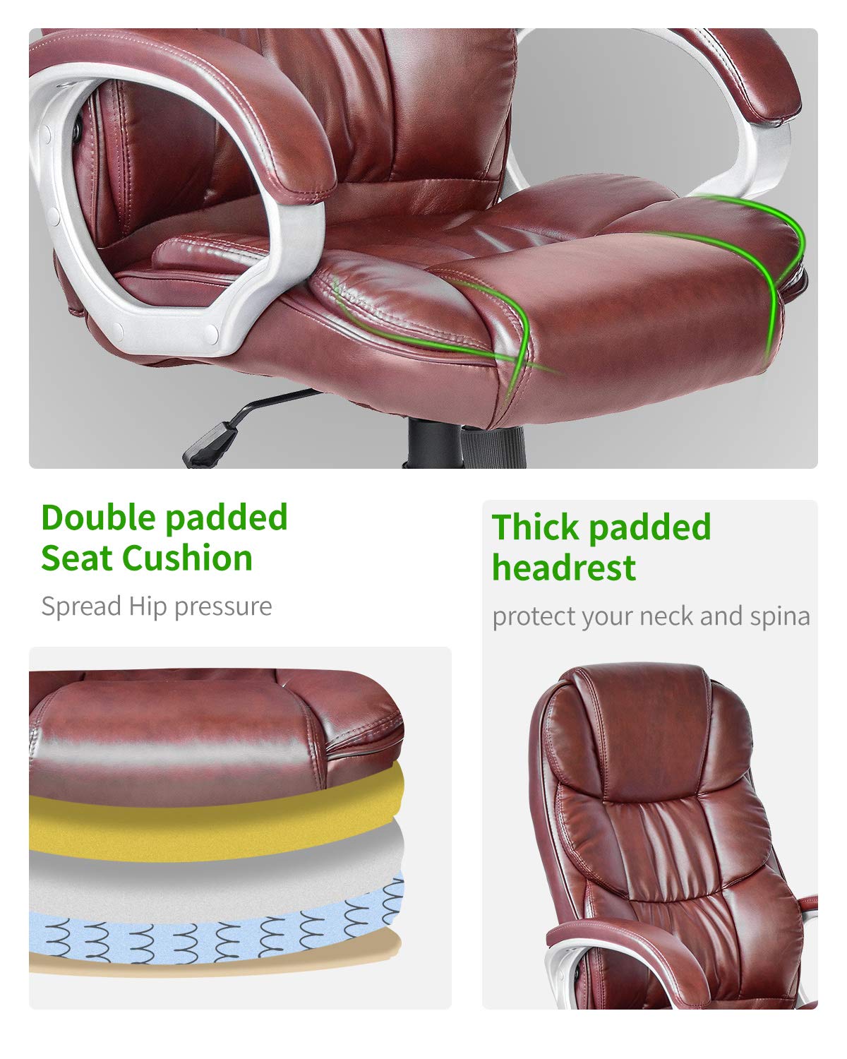 Ergonomic High Back Office Chair - Adjustable Executive Desk Chair with PU Leather, Lumbar Support & Armrests - Perfect for Home Office, Gaming & Workspaces (Brown)