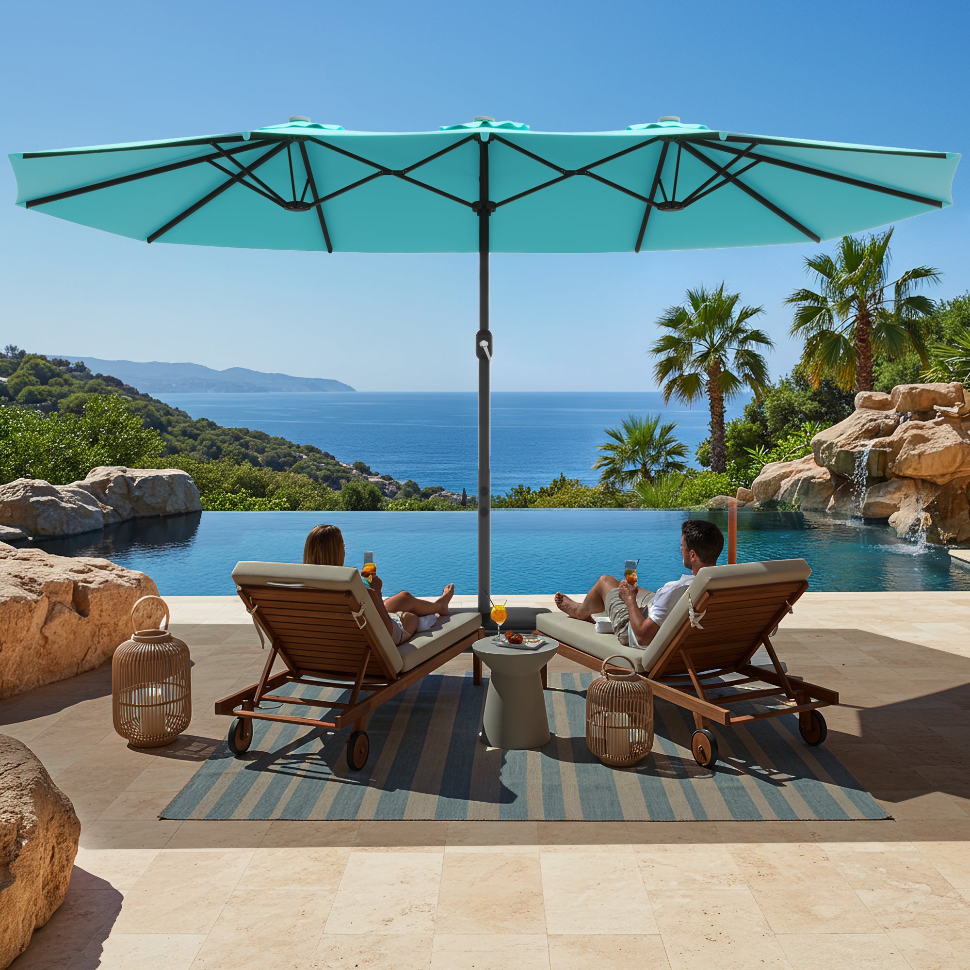 EROMMY 15x9 Double Sided Outdoor Patio Umbrella - Large Spacious Sun Shade in Blue - Perfect for Poolside, Backyard, Beach & Garden Relaxation