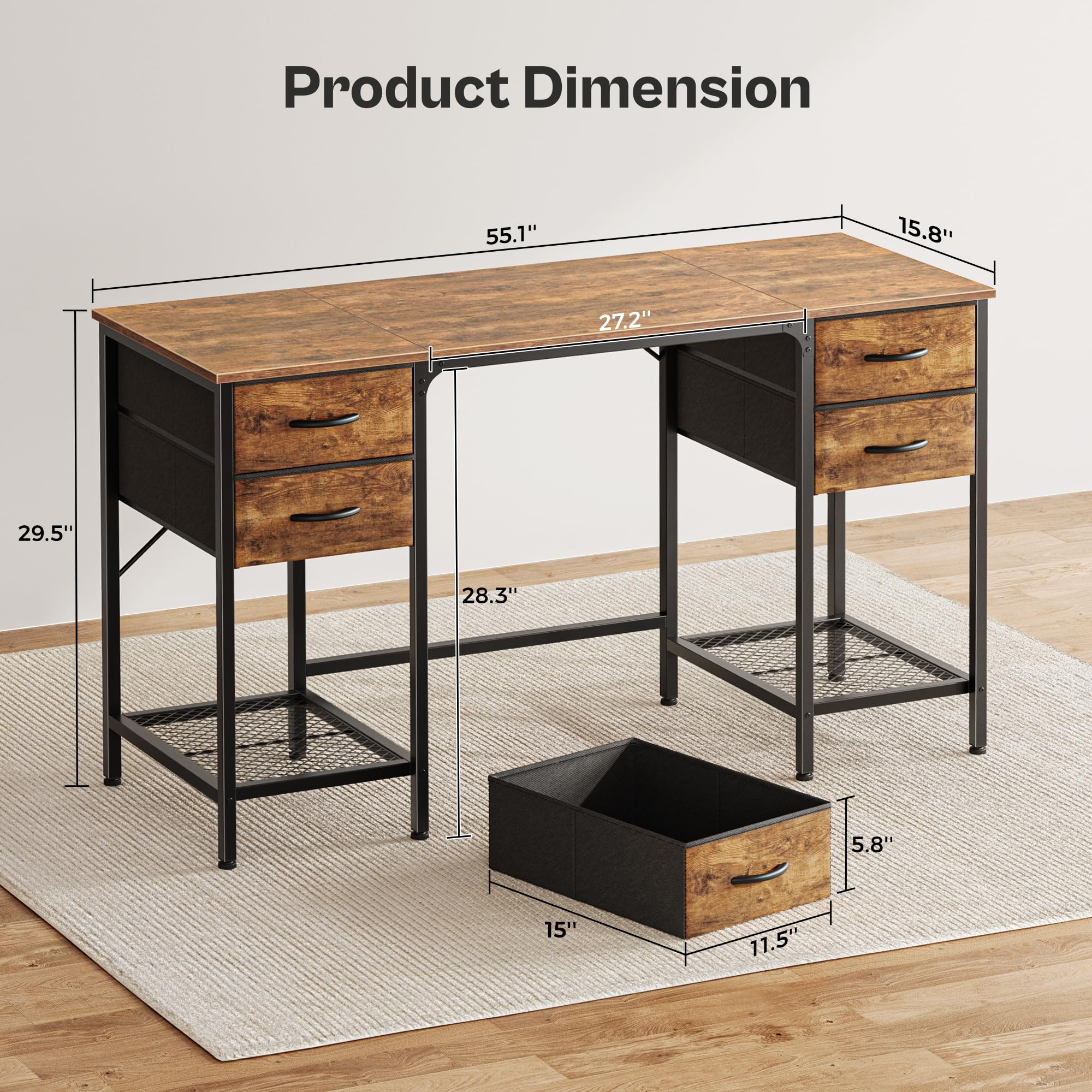 Huuger 55 Inch Computer Desk with 4 Drawers & Mesh Shelf - Large Rustic Brown Office Desk for Home, Gaming, Study & Work from Home - Perfect for Small Spaces & Bedroom Workspaces